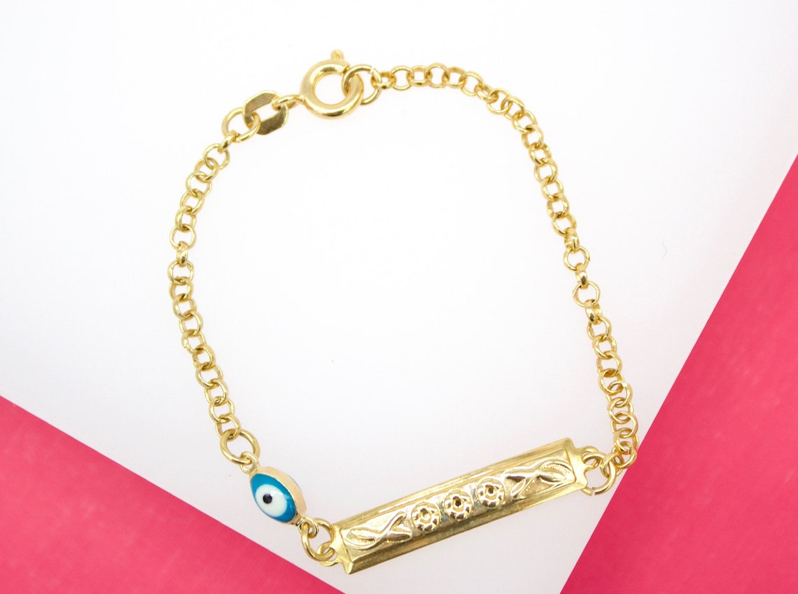 Gold Filled Evil Eye Charm Bracelet With Designed Plate