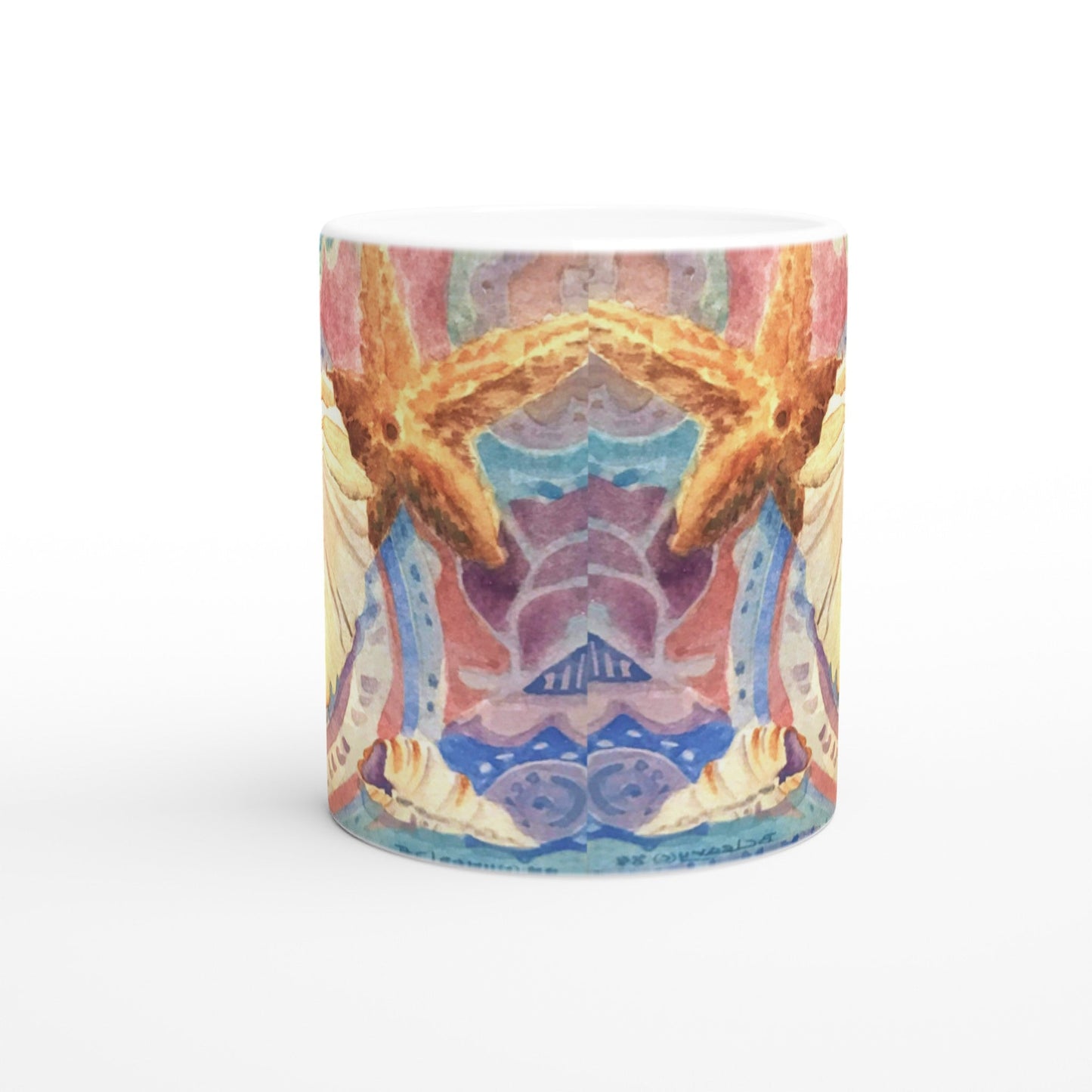 11oz White Ceramic Mug | Coffee Cup with 'Treasures of the Tide' Coastal Artwork by American Artist Barbara Cleary