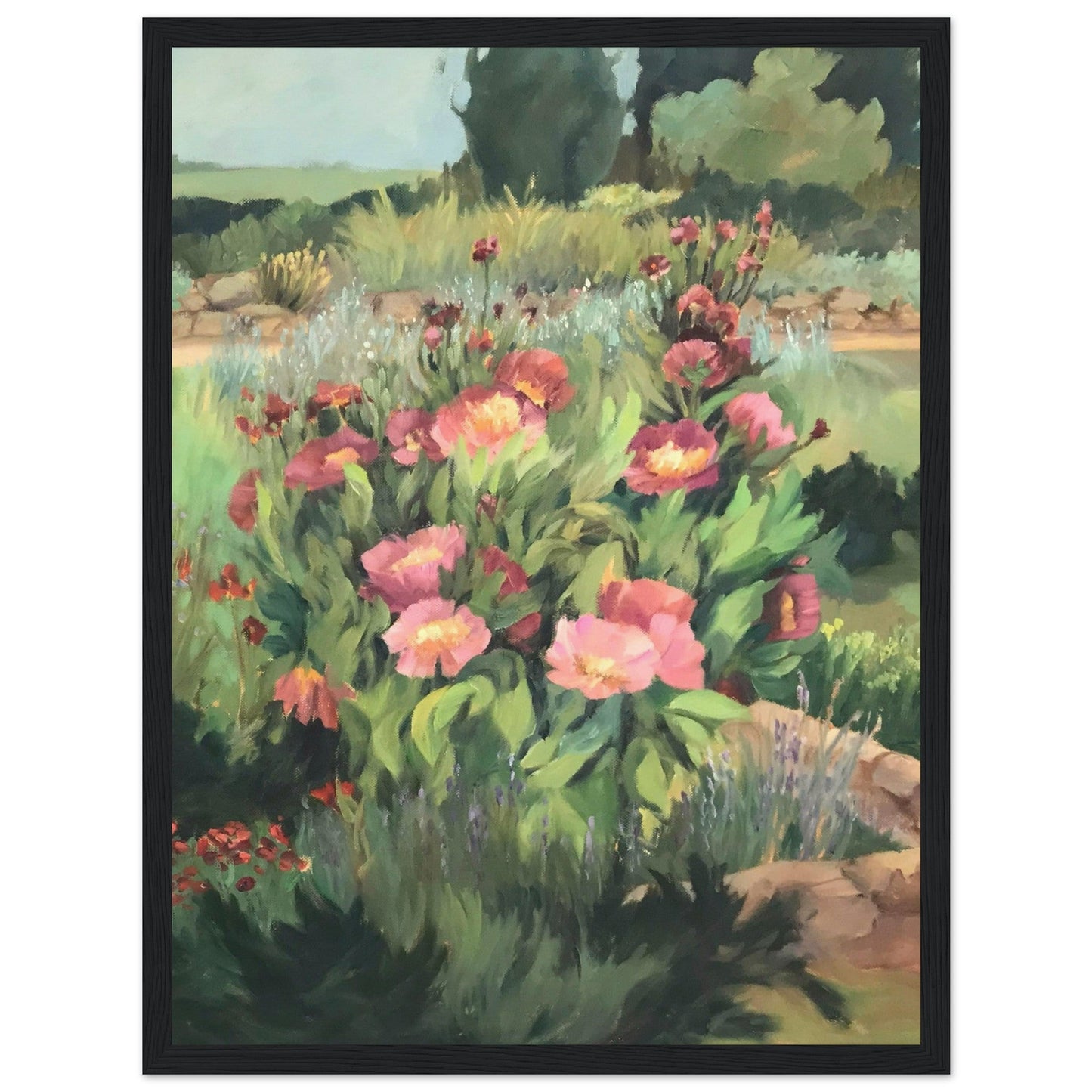 'Pink Blooms' Floral I 12x16 Wooden Framed Art Print | Original Artwork by American Artist Barbara Cleary