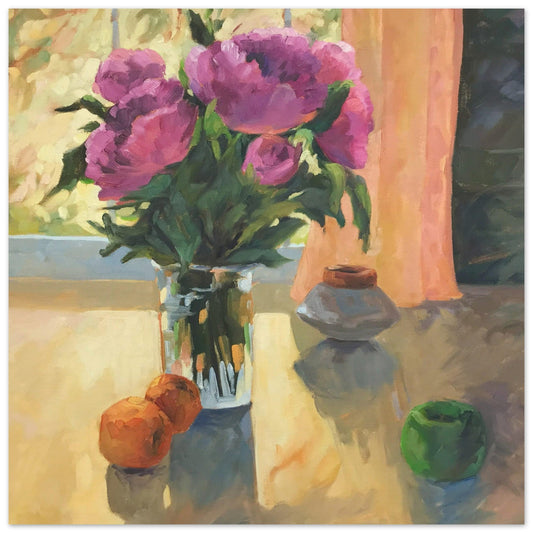 'Blooming Flowers and Fresh Fruit' Floral Still Life I 16x16 Museum-Quality Matte Paper Poster | Original Artwork by American Artist Barbara Cleary