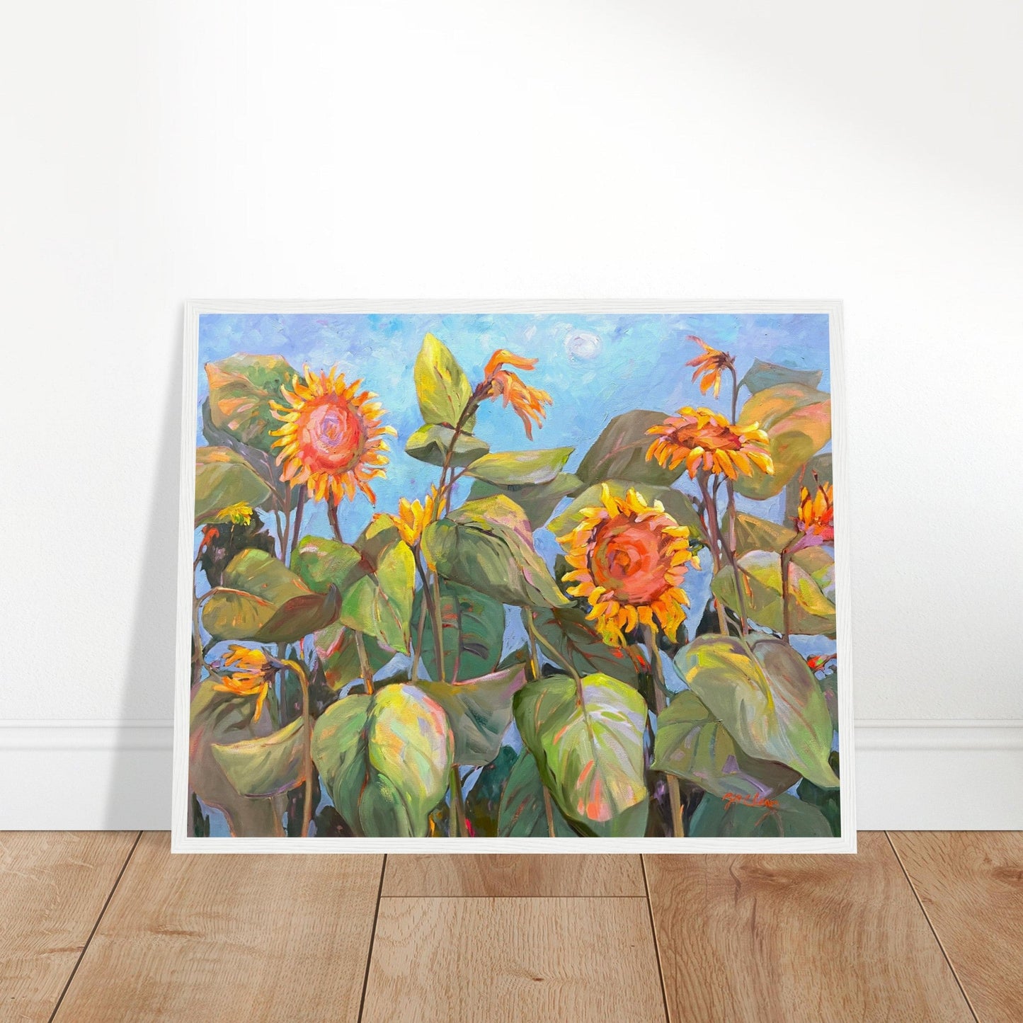 'Southwind Sunflowers 2' Floral | 16x20 inch Wooden Framed Art Print | Original Artwork by American Artist Barbara Cleary