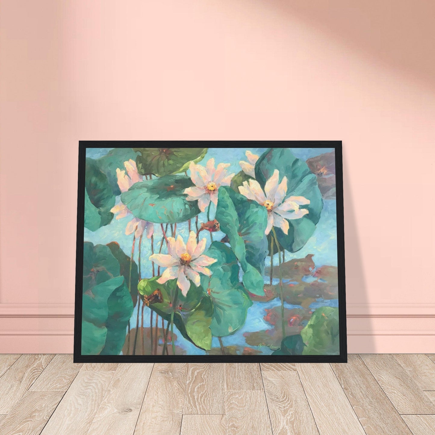 'Lily Pads' Floral | 16x20 inch Wooden Framed Art Print | Original Artwork by American Artist Barbara Cleary