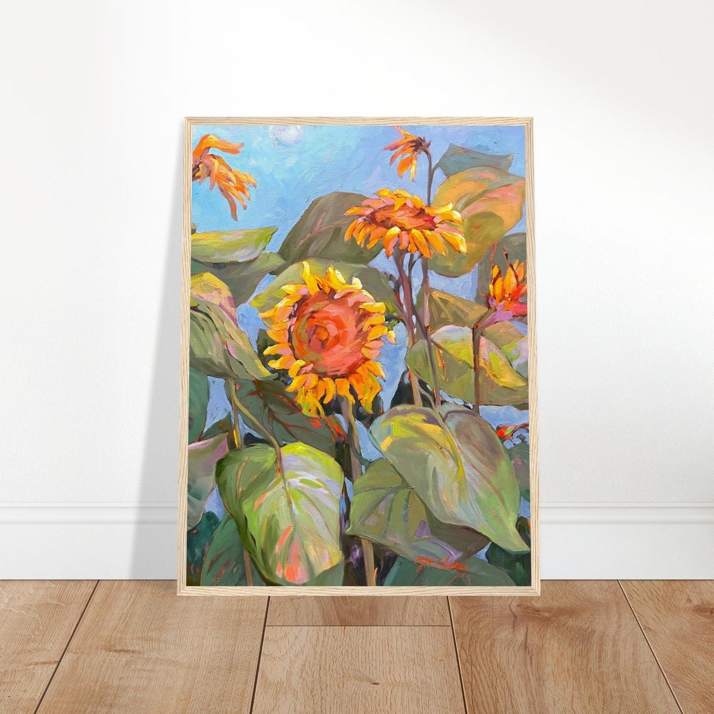 'Southwind Sunflowers 2' Floral | 18x24 inch Wooden Framed Art Print | Original Artwork by American Artist Barbara Cleary