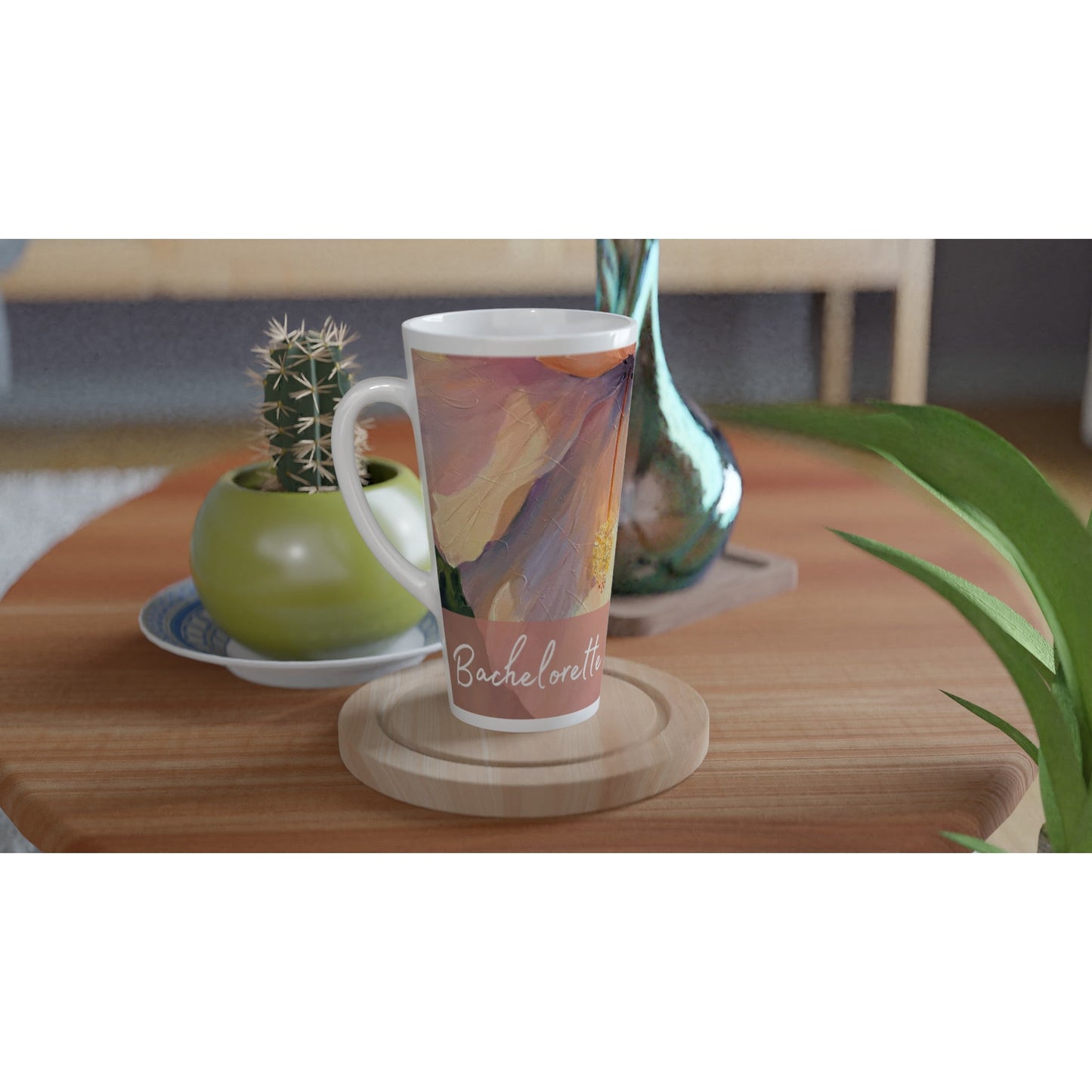 'Bachelorette' 17oz White Ceramic Latte Mug | Bridal Collection with 'Hibiscus' Artwork by American Artist Barbara Cleary