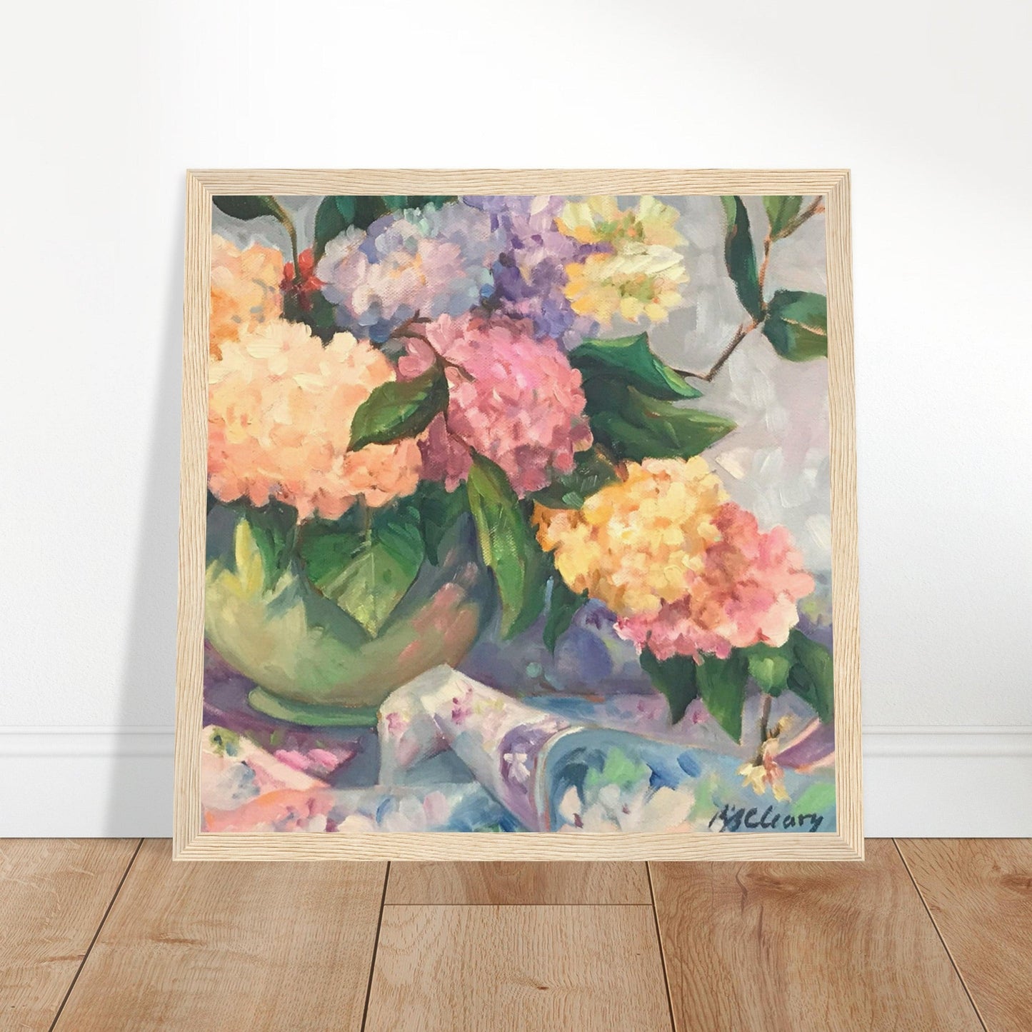 ‘Hydrangeas’ Floral Still Life | 12x12 inch Wooden Framed Art Print | Original Artwork by American Artist Barbara Cleary
