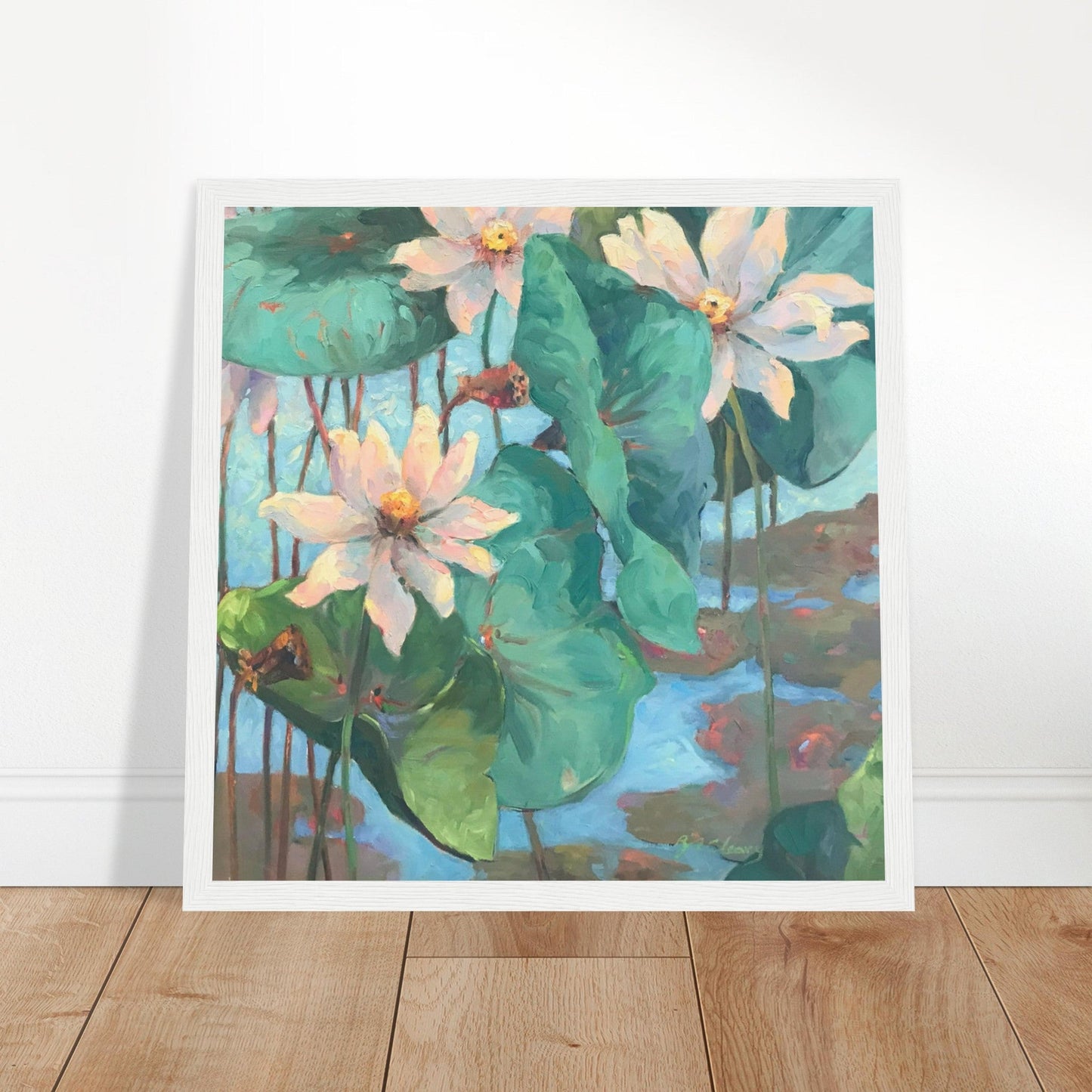 ‘Lily Pad’ Floral | 12x12 inch Wooden Framed Art Print | Original Artwork by American Artist Barbara Cleary