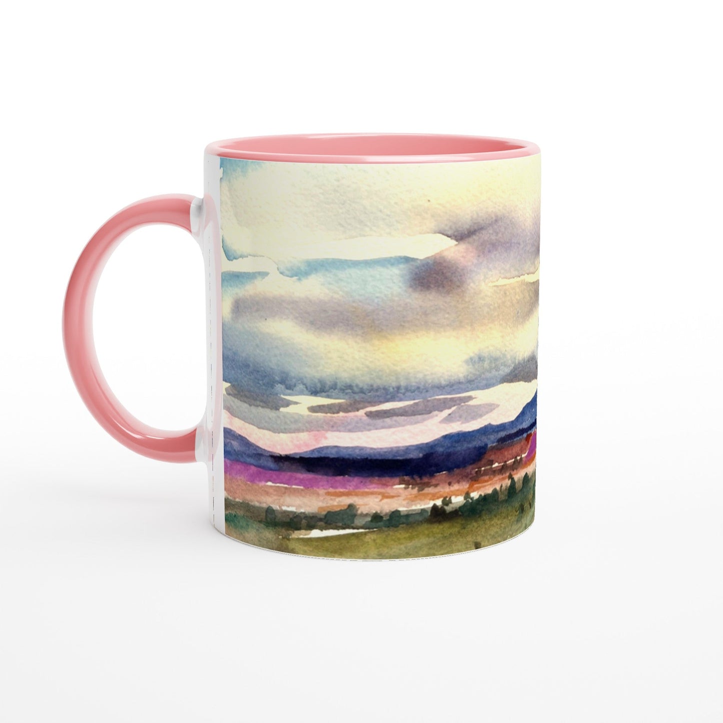 Copy of 11oz White Ceramic Mug with Color Inside | Coffee Cup with 'Tranquil Mountain View 1' Artwork by American Artist Barbara Cleary