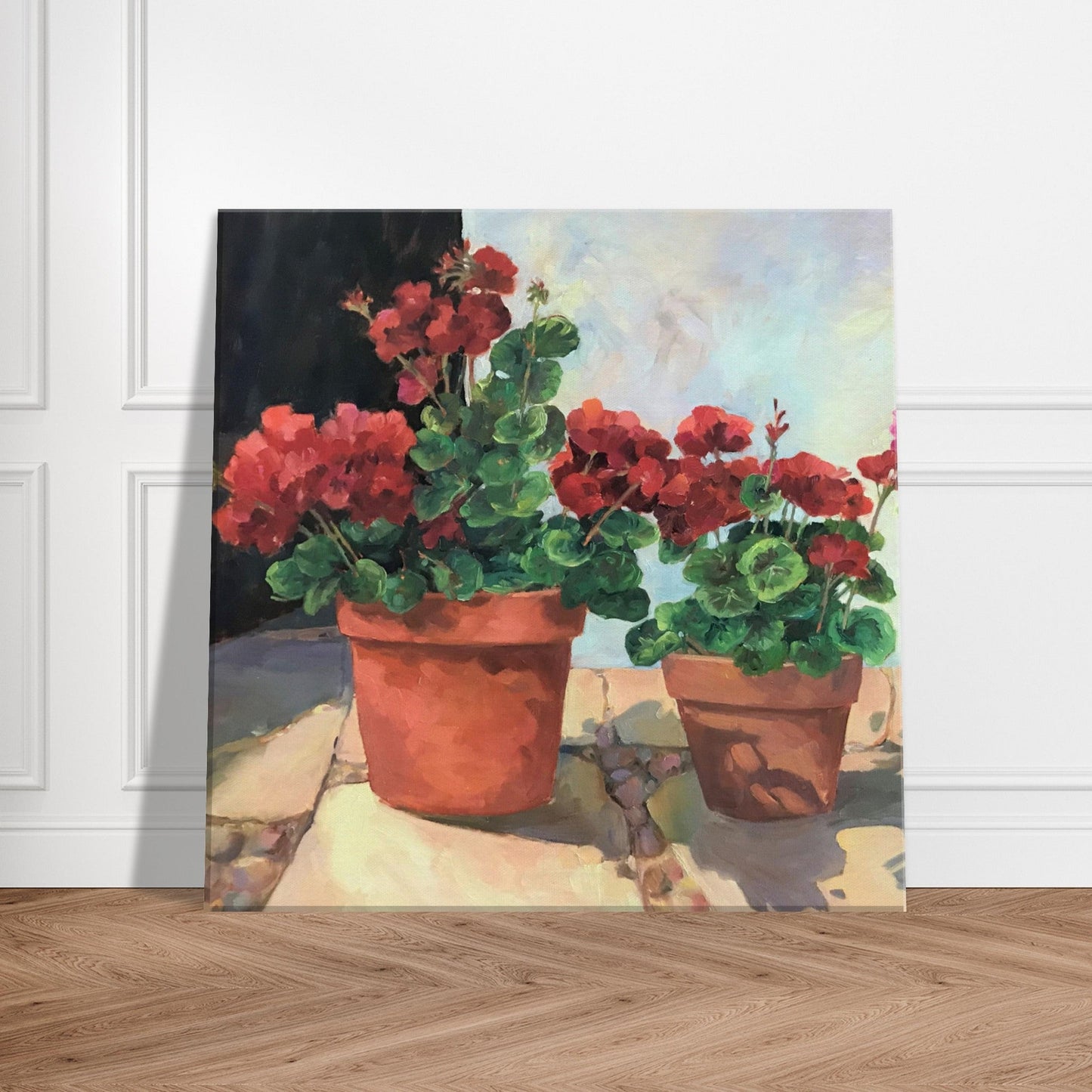 'Potted Geraniums Series 1' Floral I 16x16 inch Art Print on Canvas I Original Artwork by American Artist Barbara Cleary