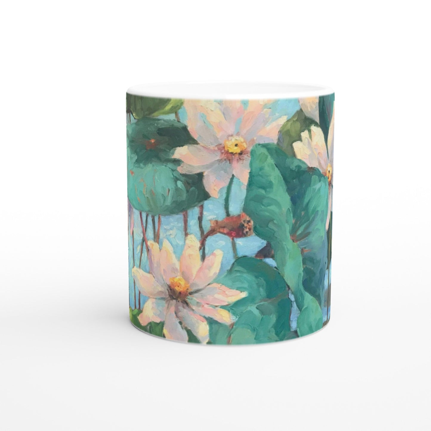 11oz White Ceramic Mug | Coffee Cup with 'Lily Pads' Floral Artwork by American Artist Barbara Cleary