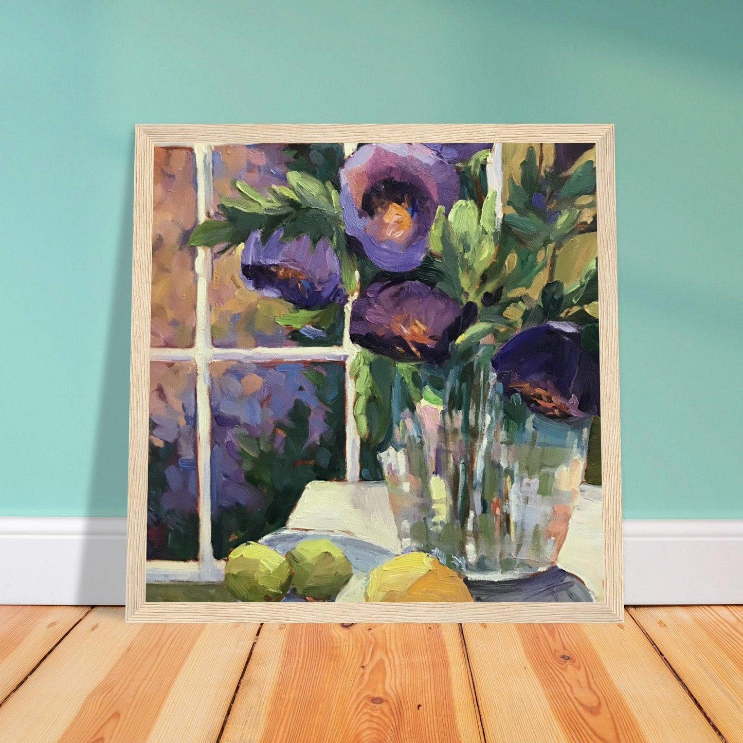 ‘Purple Flowers’ Floral Still | 12x12 inch Wooden Framed Art Print | Original Artwork by American Artist Barbara Cleary