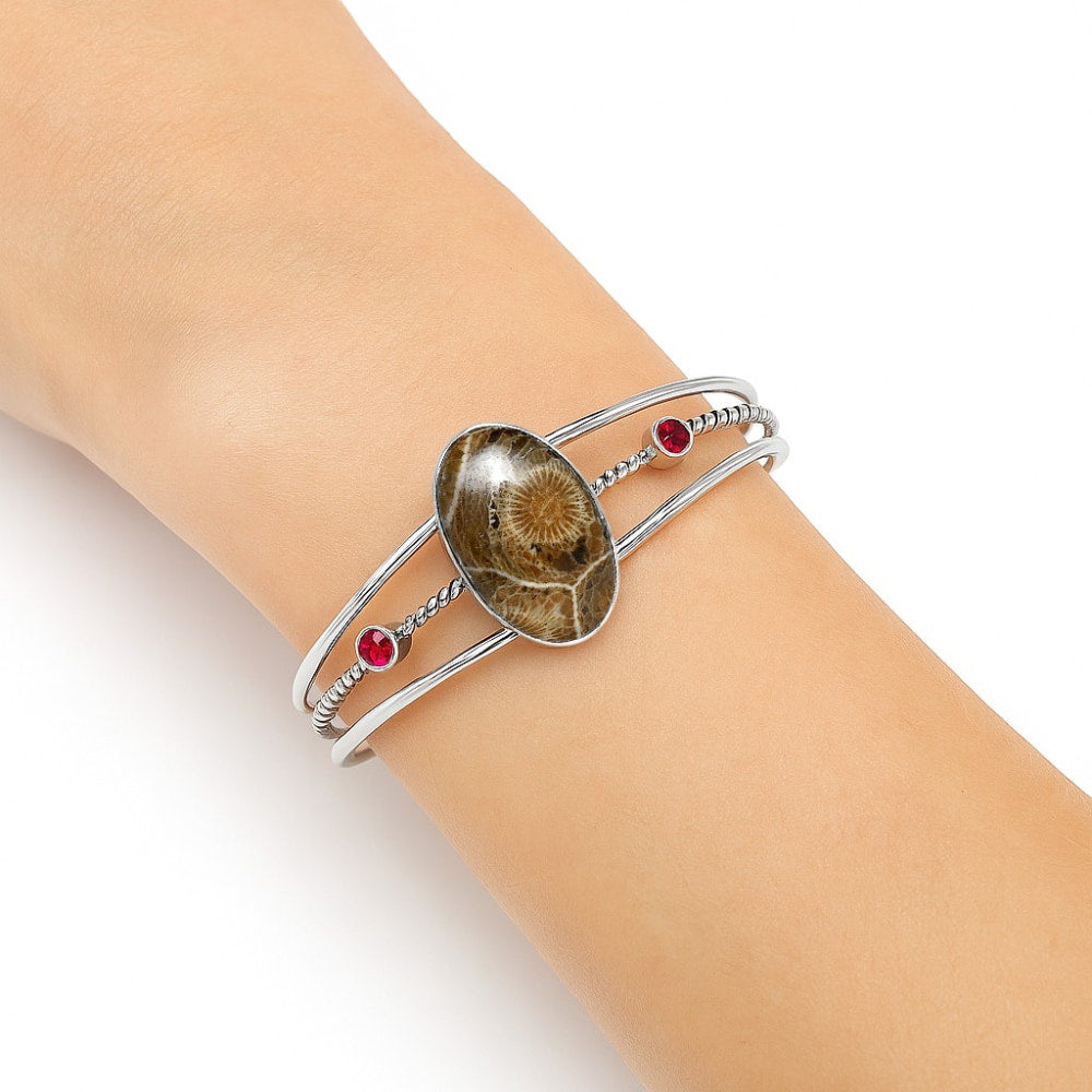 Premium Flower Fossil Coral & Garnet Cuff Bangle Bracelet B-1011 52-EB10555