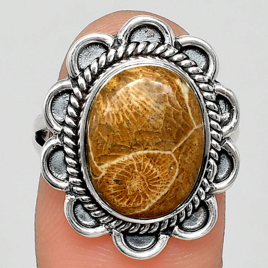Premium Quality Flower Fossil Coral Ring size-7 R-1221 52-ER14188