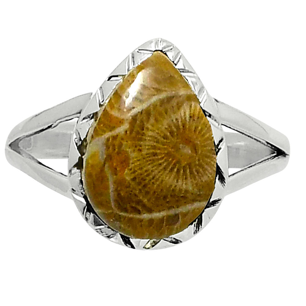 Premium Quality Flower Fossil Coral Ring size-10 R-1074 52-ER14270