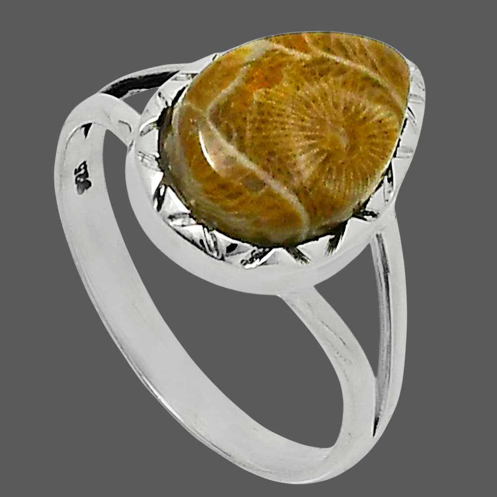 Premium Quality Flower Fossil Coral Ring size-10 R-1074 52-ER14270