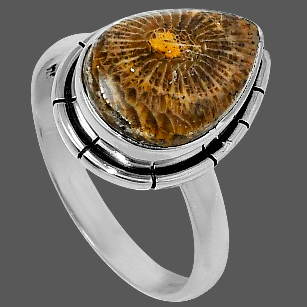 Natural Flower Fossil Coral Ring size-9 R-1011 52-ER14942