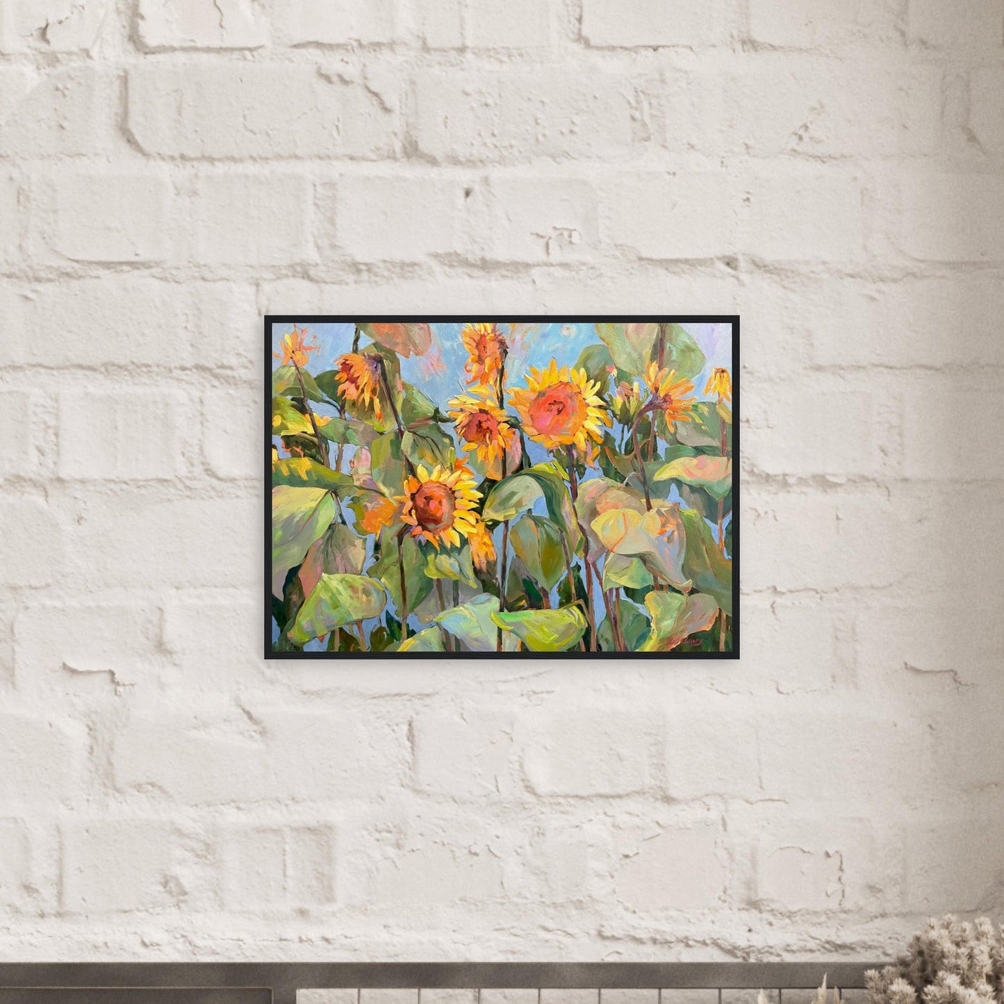 'Southwind Sunflowers 1' Floral | 20x28 inch Wooden Framed Art Print | Original Artwork by American Artist Barbara Cleary