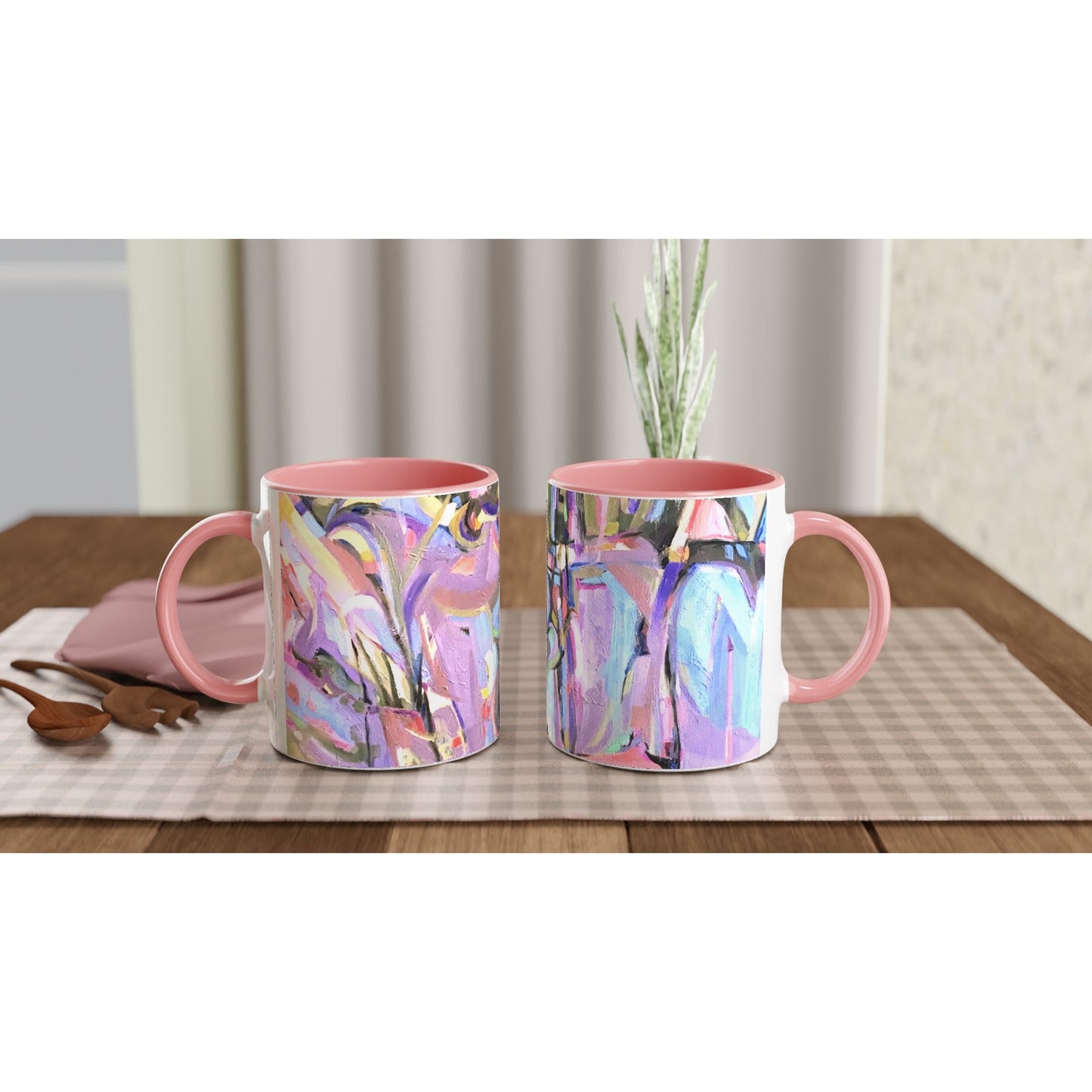11oz White Ceramic Mug with Color Inside | Coffee Cup with 'Passages' Artwork by American Artist Barbara Cleary