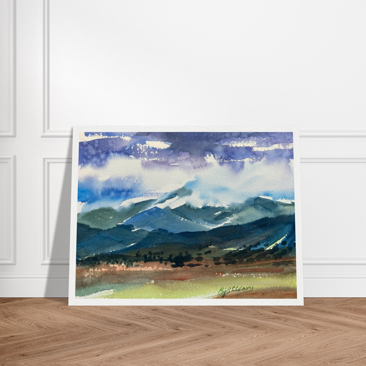 ‘Tranquil Mountain View 3’ Landscape Watercolor | 12x16 Wooden Framed Art Print | Original Artwork by American Artist Barbara Cleary