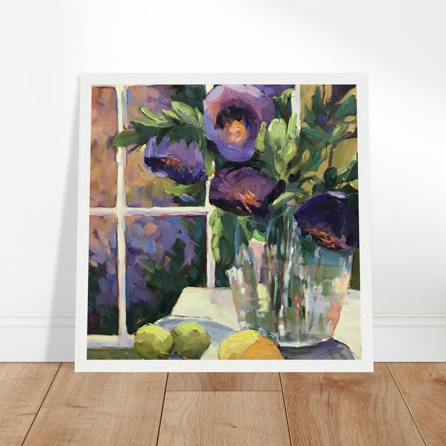 ‘Purple Flowers’ Floral Still | 12x12 inch Wooden Framed Art Print | Original Artwork by American Artist Barbara Cleary