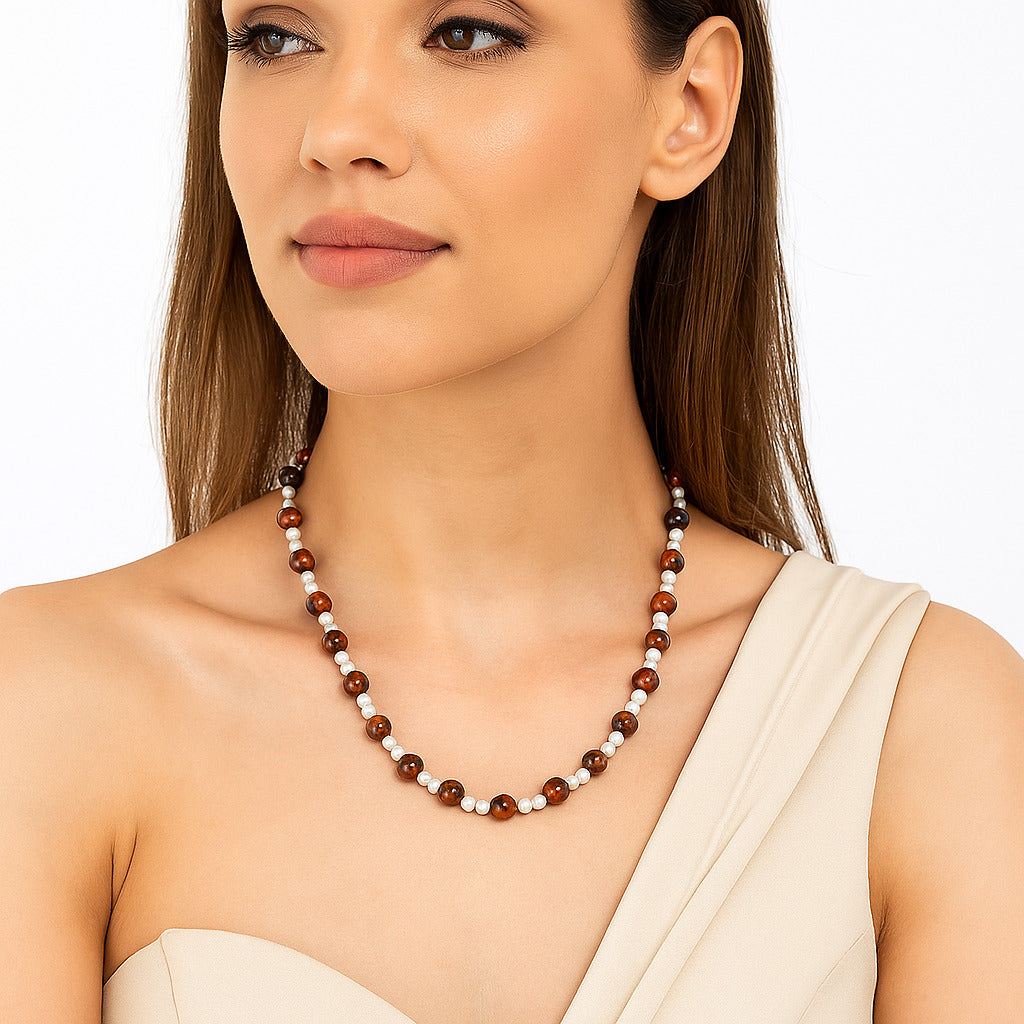 Premium Australian Pilbara Jasper & Pearl Beaded Necklace N-1025 56-EN10161