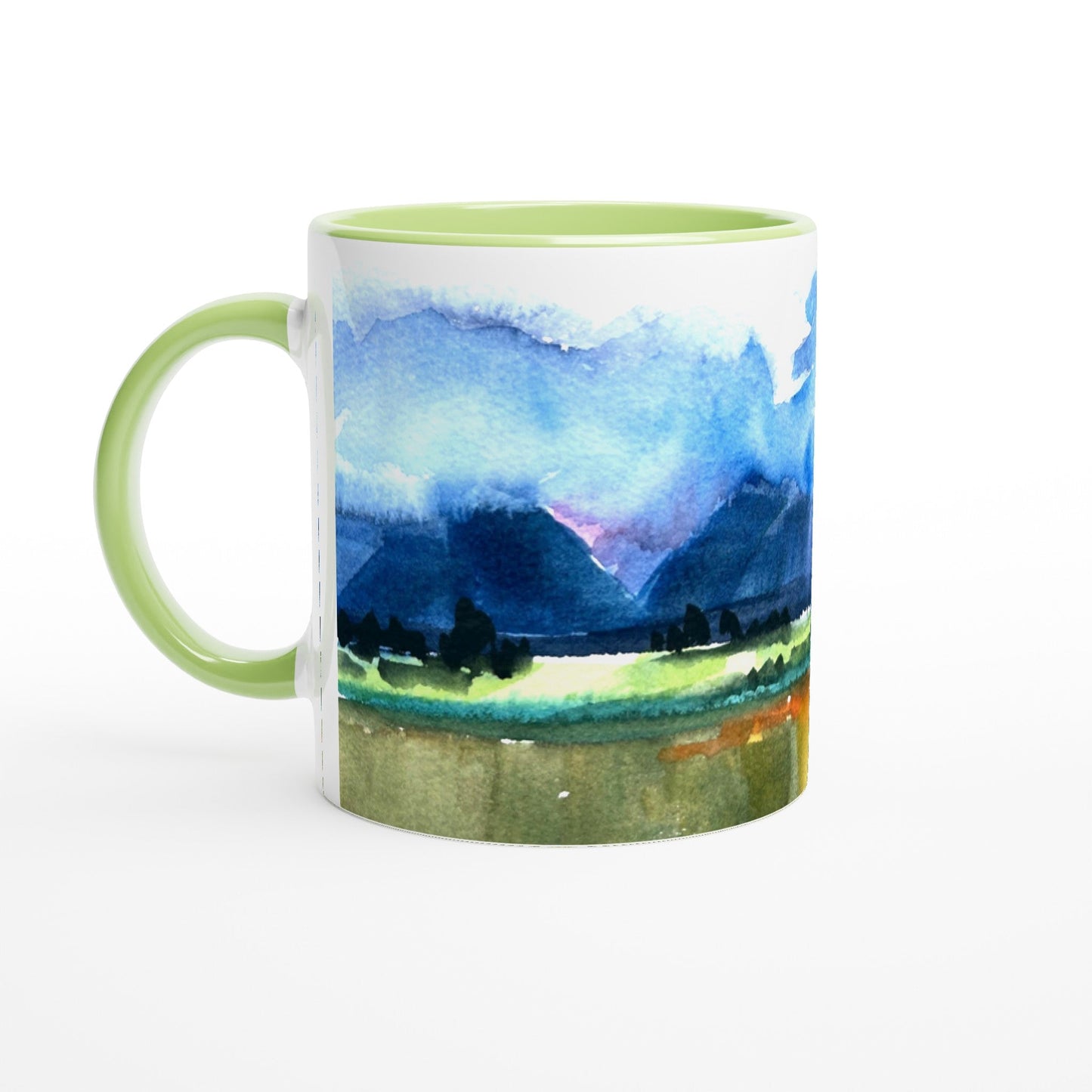 11oz White Ceramic Mug with Color Inside | Coffee Cup with 'Tranquil Mountain View 4' Artwork by American Artist Barbara Cleary