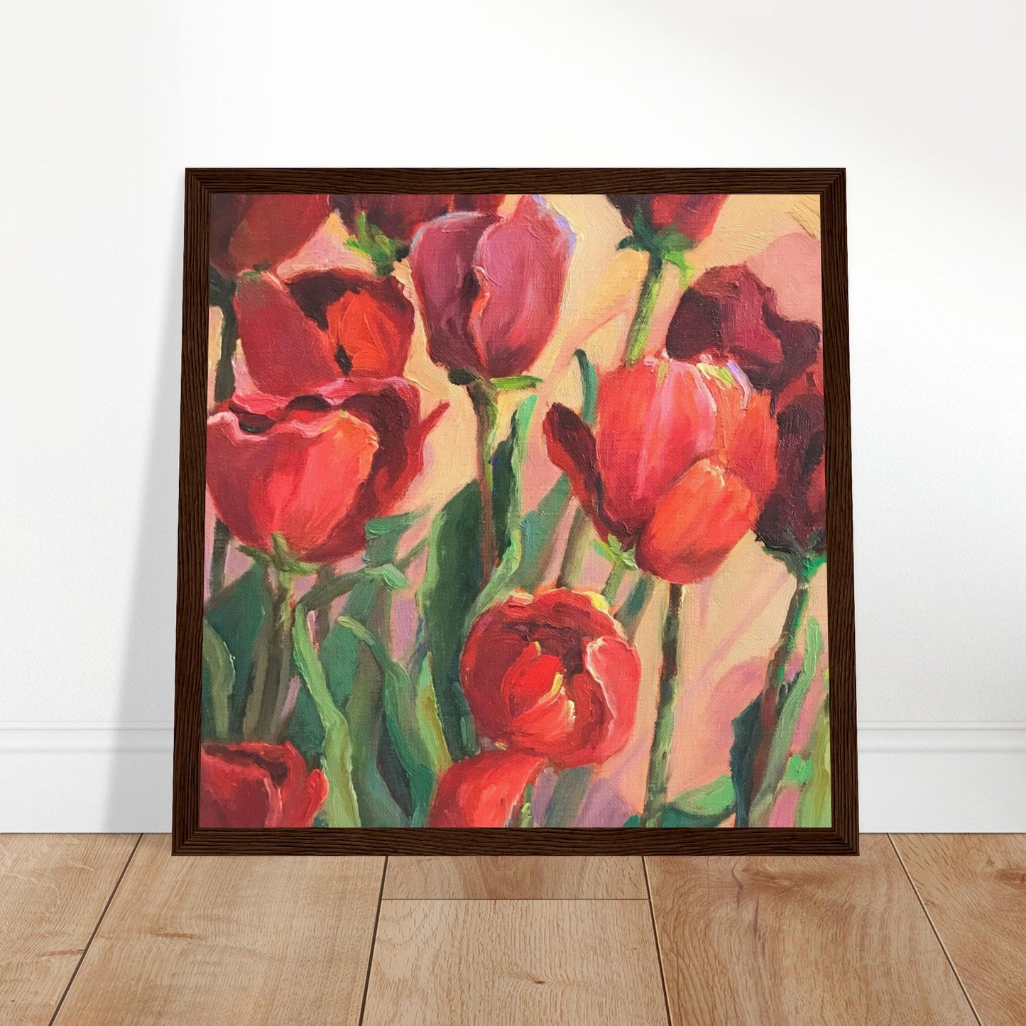 'Tulips' Floral I 12x12 inch Wooden Framed Art Print I Original Artwork by American Artist Barbara Cleary