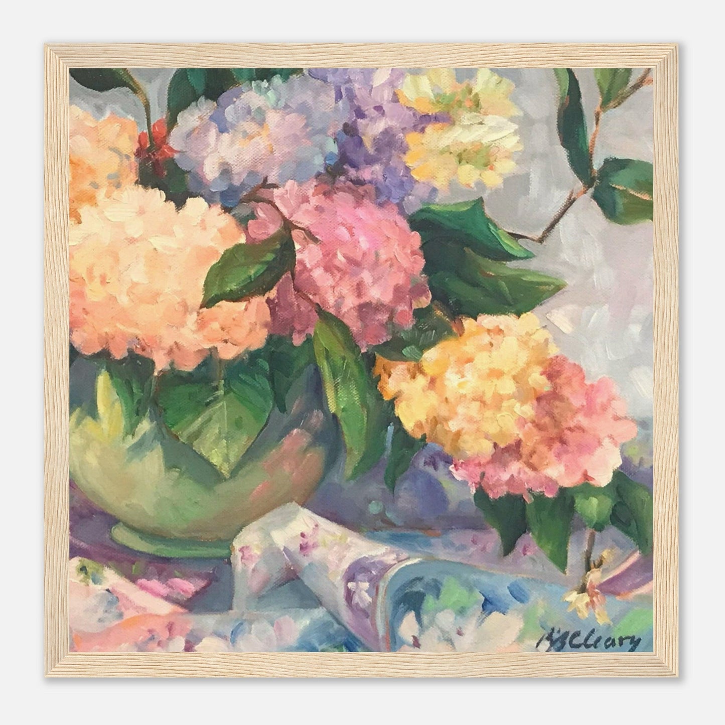 ‘Hydrangeas’ Floral Still Life | 12x12 inch Wooden Framed Art Print | Original Artwork by American Artist Barbara Cleary