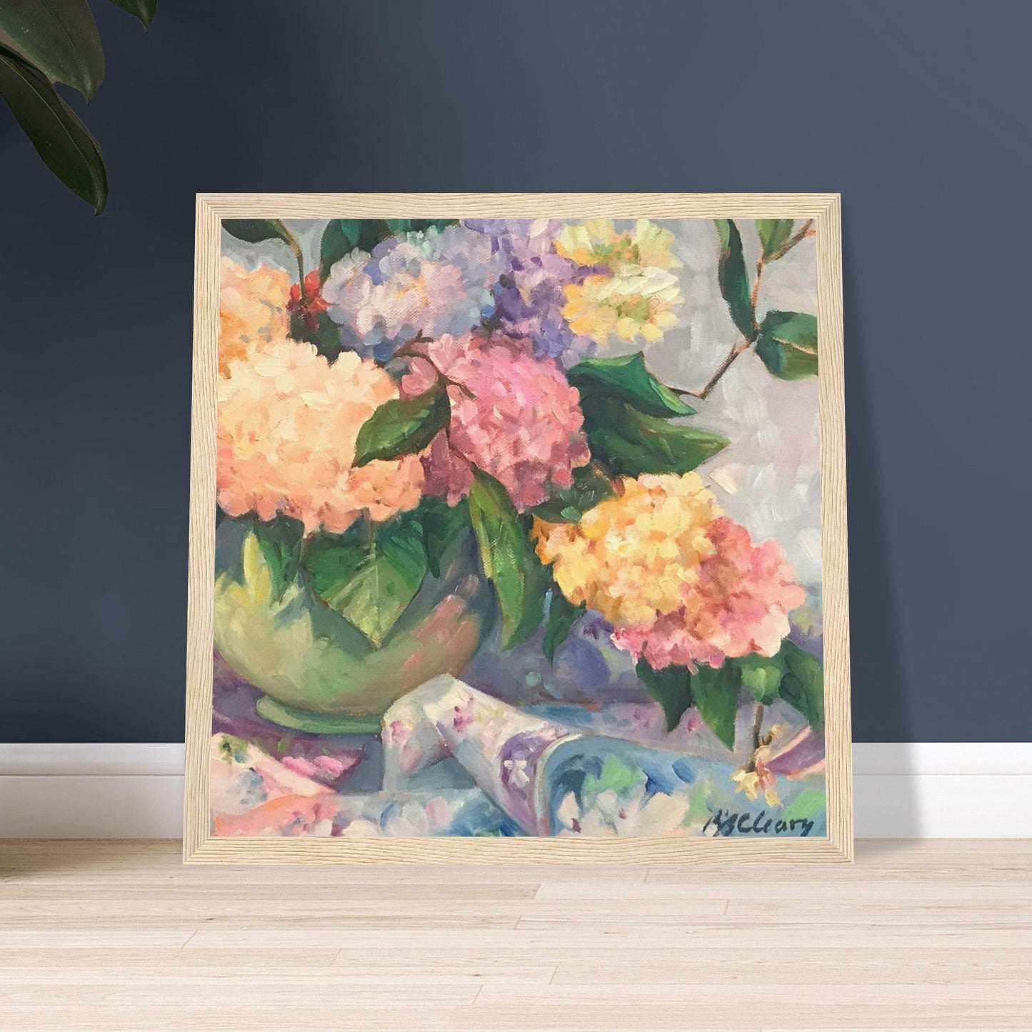 ‘Hydrangeas’ Floral Still Life | 12x12 inch Wooden Framed Art Print | Original Artwork by American Artist Barbara Cleary