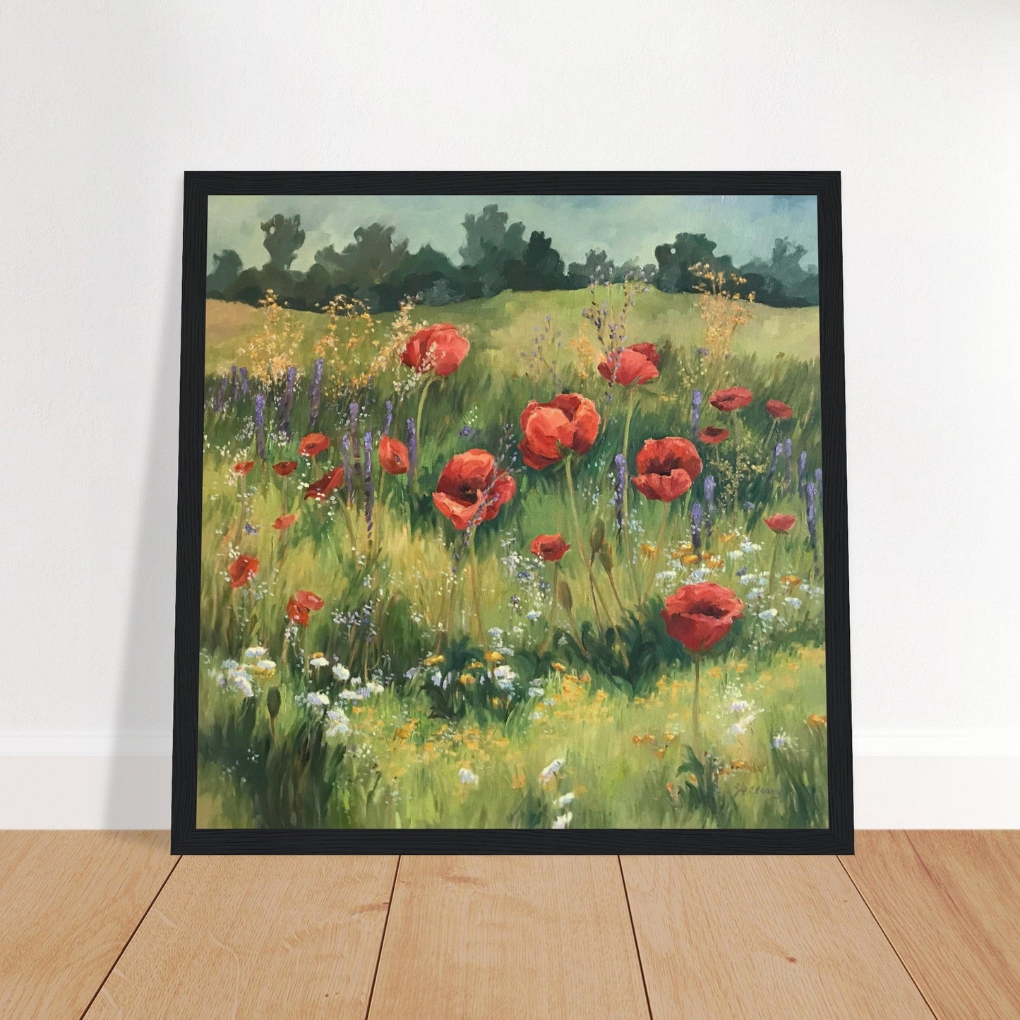 'Field of Red Poppies' Floral I 12x12 inch Wooden Framed Art Print I Original Artwork by American Artist Barbara Cleary