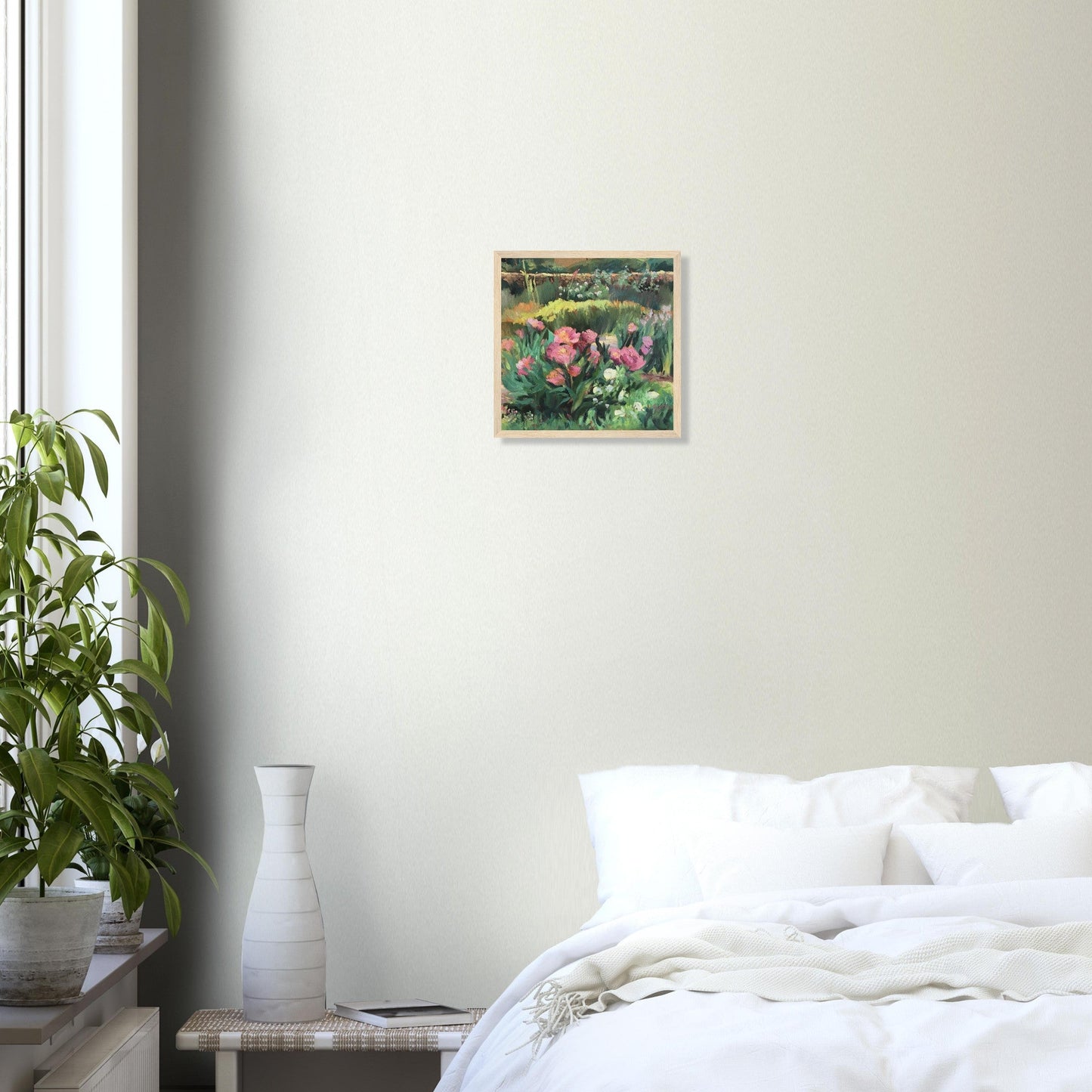 ‘Garden Peonies’ Pink and Green Floral | 12x12 inch Wooden Framed Art Print | Original Artwork by American Artist Barbara Cleary