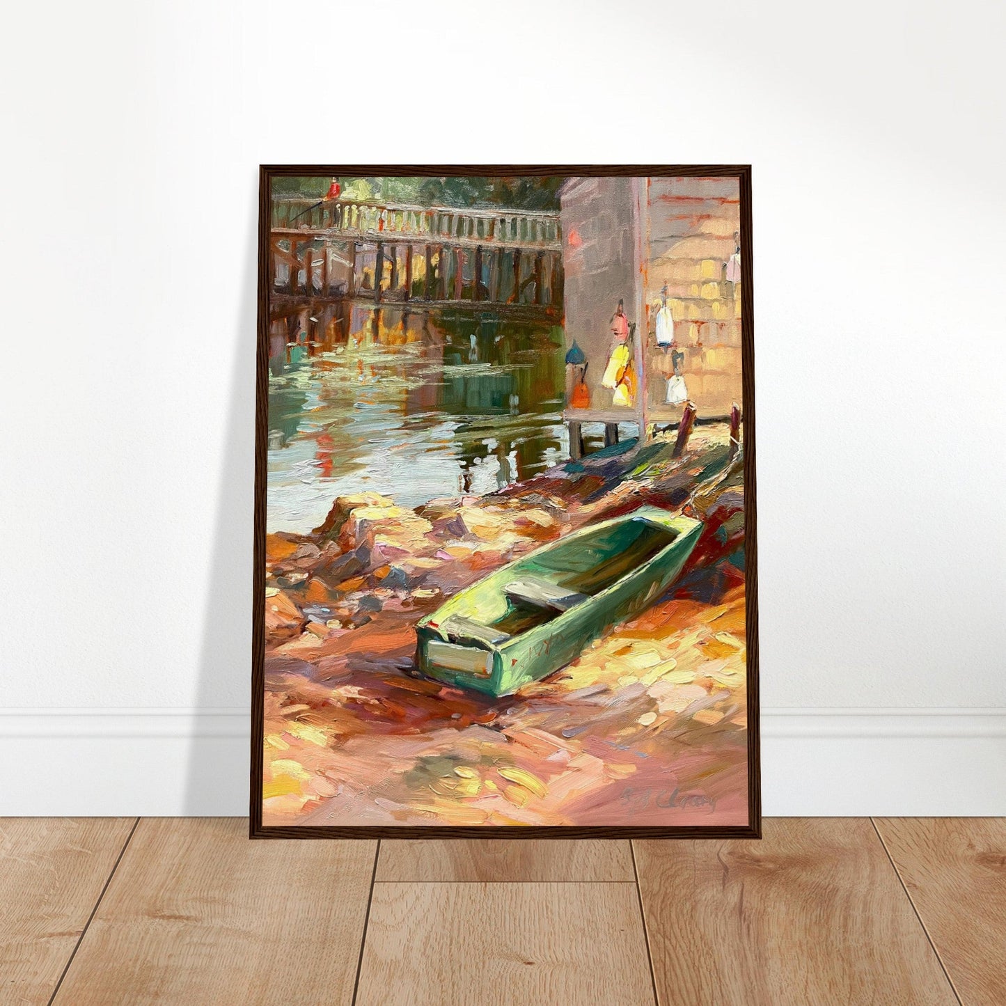 'Boathouse Reflections' Coastal | 18x24 inch Wooden Framed Art Print | Original Artwork by American Artist Barbara Cleary