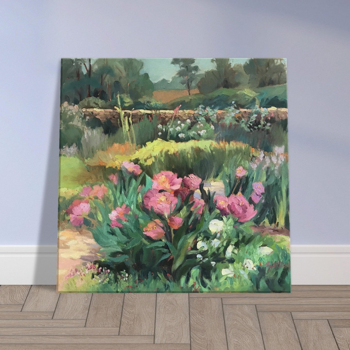 'Garden Peonies' Floral I 16x16 inch Art Print on Canvas I Original Artwork by American Artist Barbara Cleary