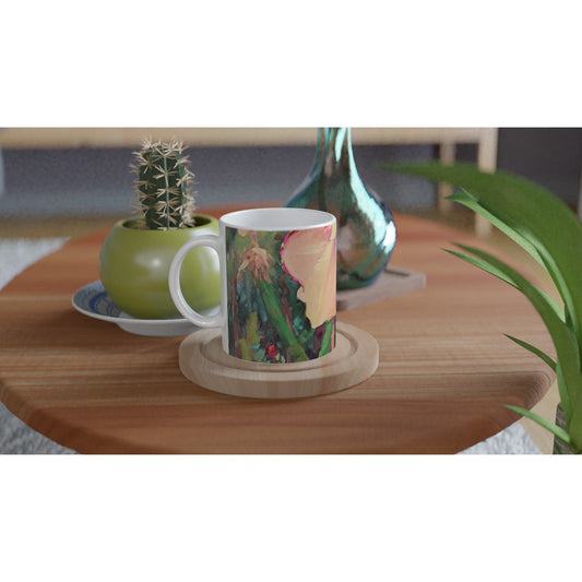11oz White Ceramic Mug| Coffee Cup with 'Pink Orchid' Floral Artwork by American Artist Barbara Cleary