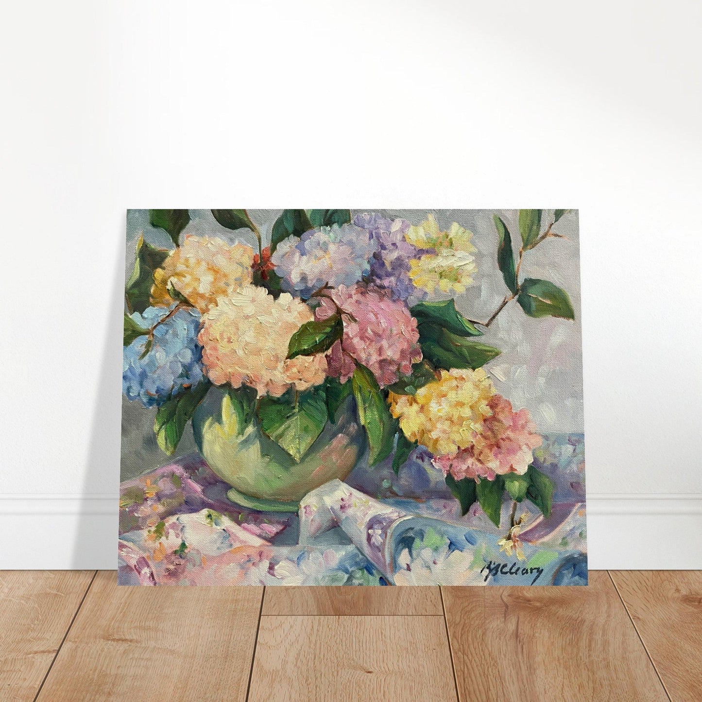 'Hydrangeas' Floral Still Life I 16x20 Museum-Quality Matte Paper Poster | Original Artwork by American Artist Barbara Cleary