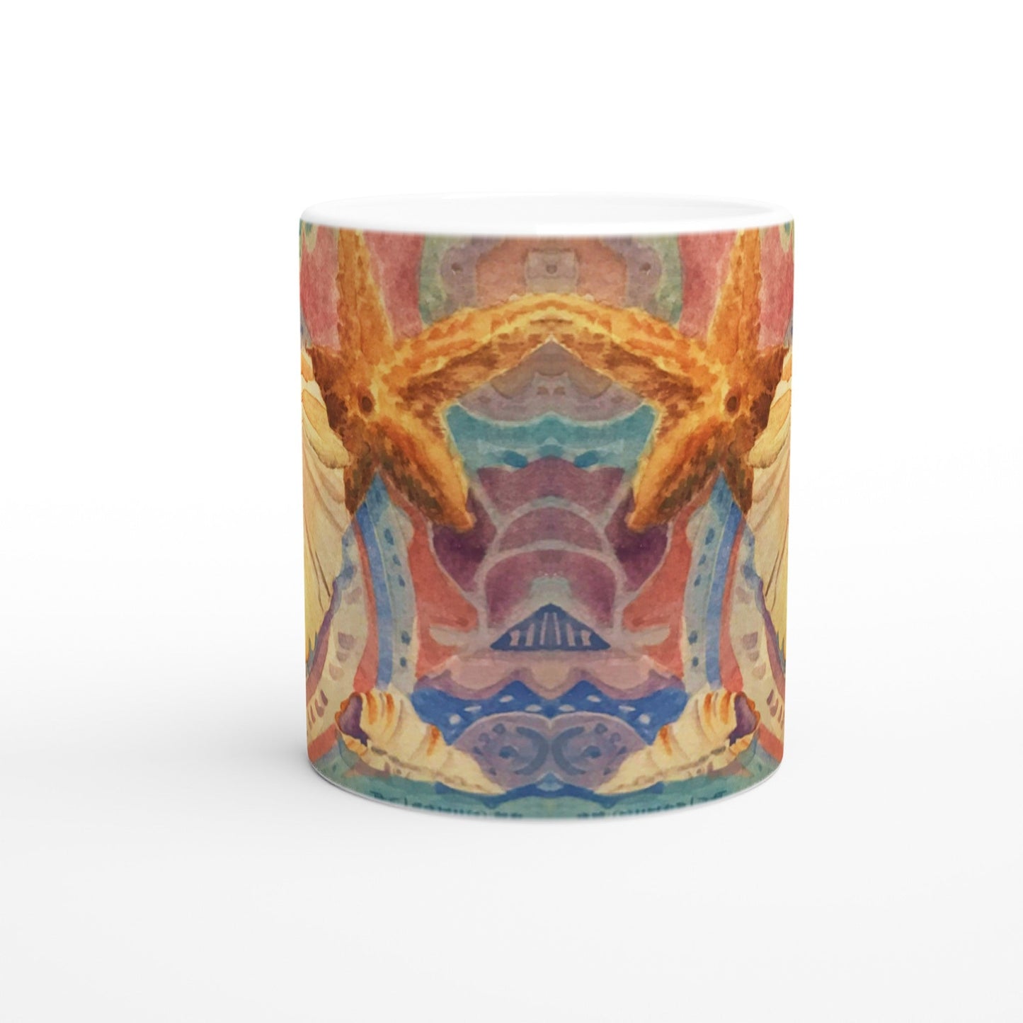 11oz White Ceramic Mug | Coffee Cup with 'Starfish' Watercolor Artwork by American Artist Barbara Cleary