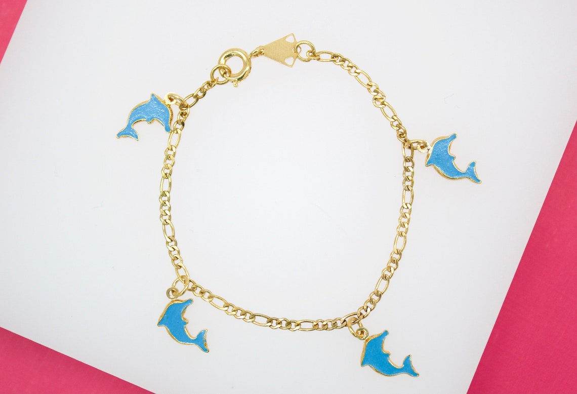 18K Gold Filled Dangle Enamel Dolphin Charm Bracelet