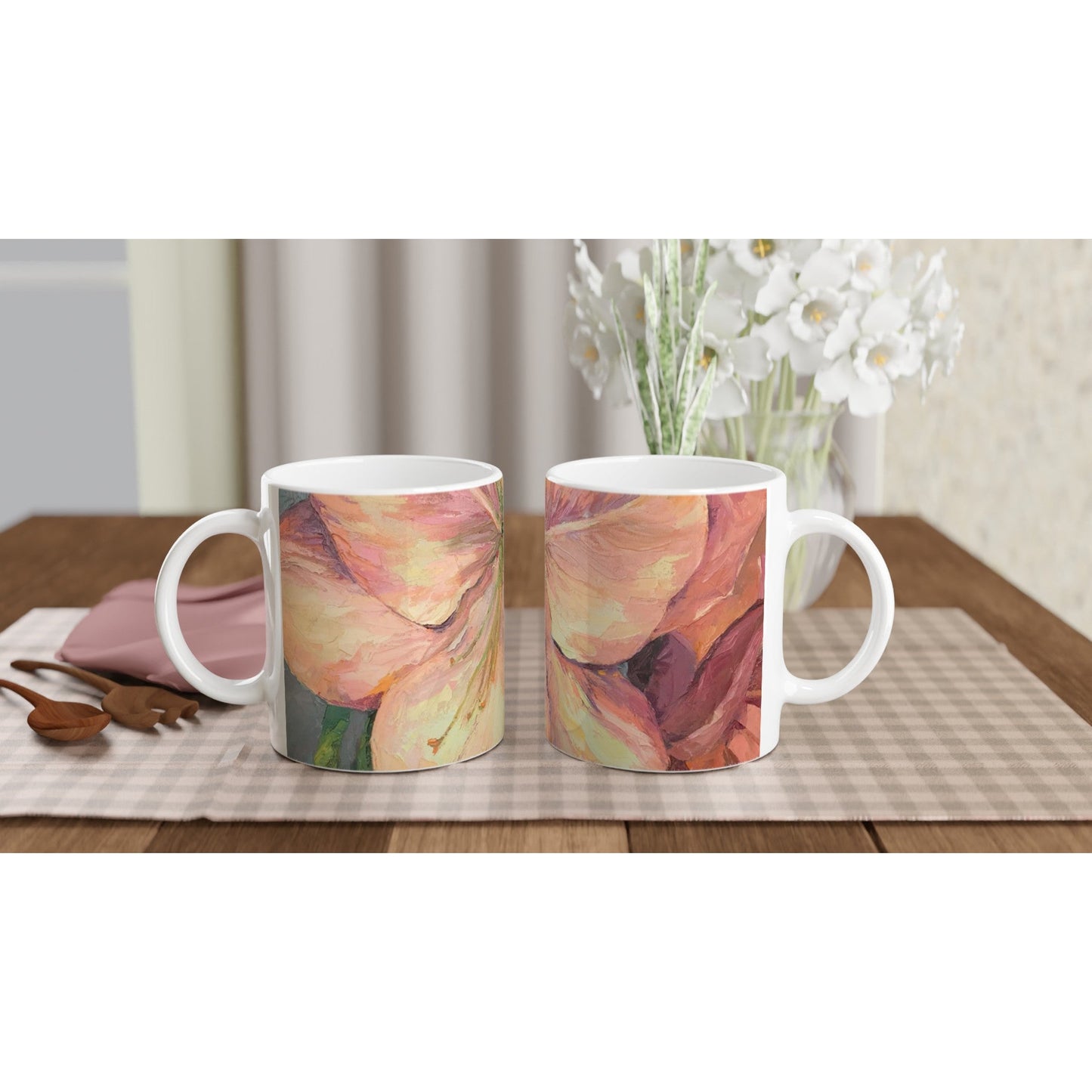 11oz White Ceramic Mug| Coffee Cup with 'Amaryllis' Floral Artwork by American Artist Barbara Cleary