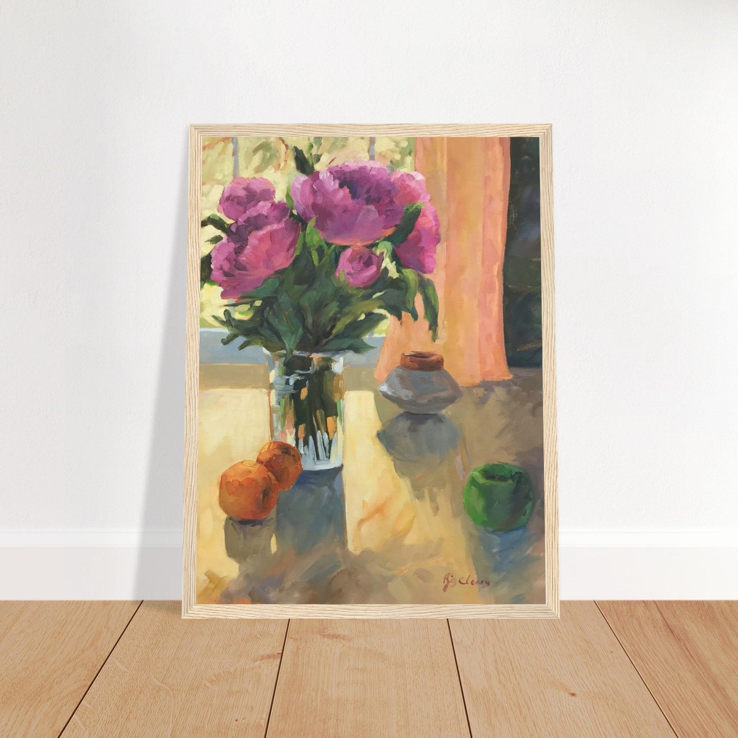 'Blooming Flowers and Fresh Fruit' Floral Still Life I 12x16 Wooden Framed Art Print | Original Artwork by American Artist Barbara Cleary