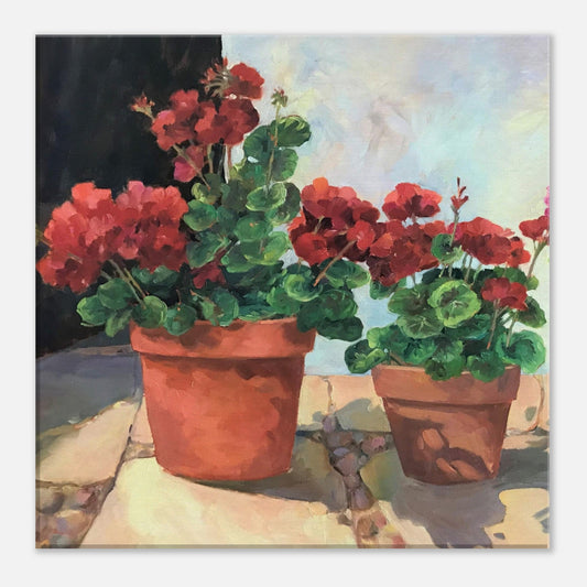 'Potted Geraniums Series 1' Floral I 16x16 inch Art Print on Canvas I Original Artwork by American Artist Barbara Cleary