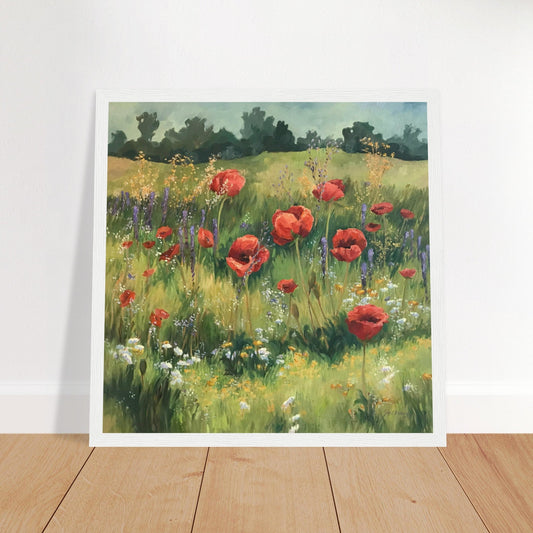 'Field of Red Poppies' Floral I 12x12 inch Wooden Framed Art Print I Original Artwork by American Artist Barbara Cleary