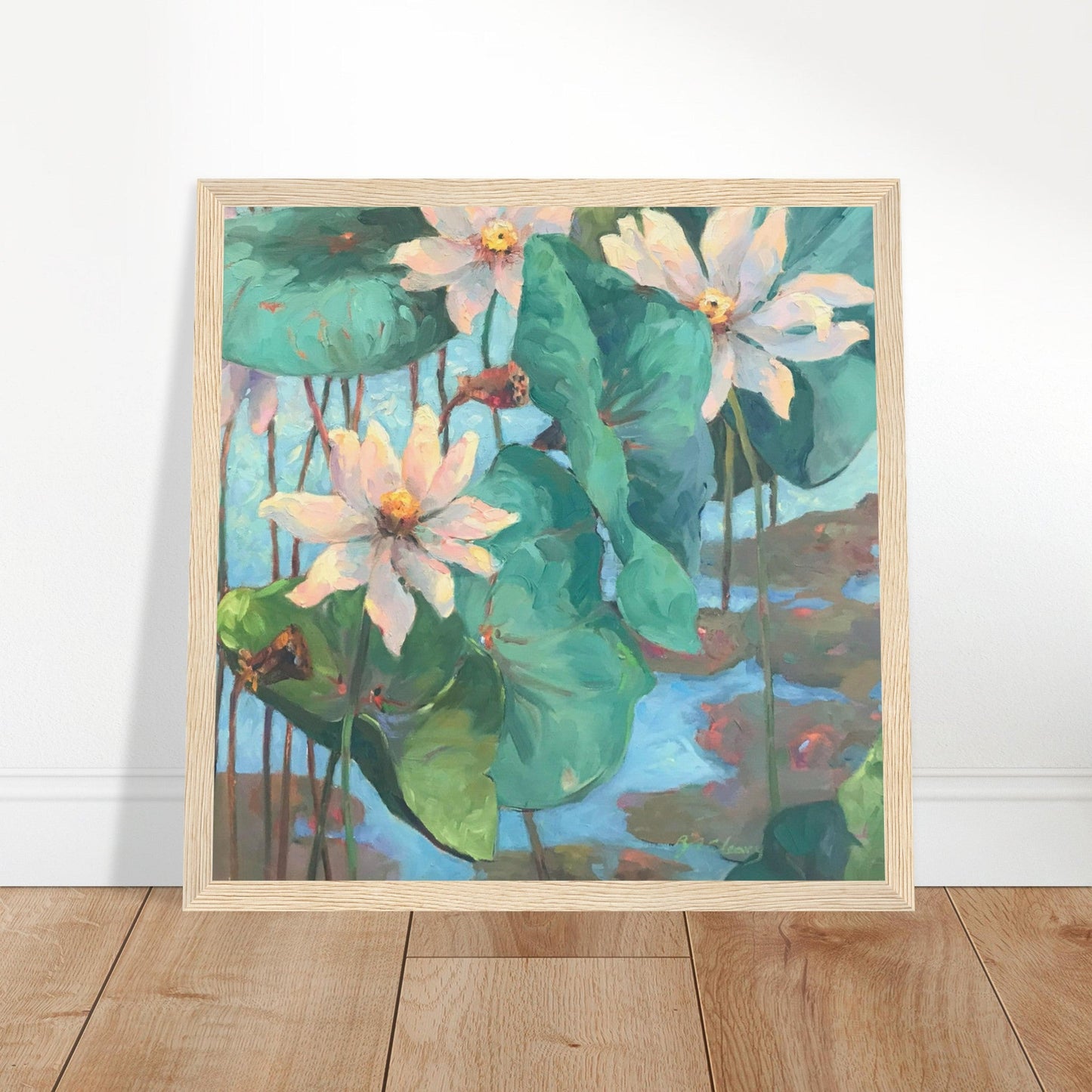 ‘Lily Pad’ Floral | 12x12 inch Wooden Framed Art Print | Original Artwork by American Artist Barbara Cleary