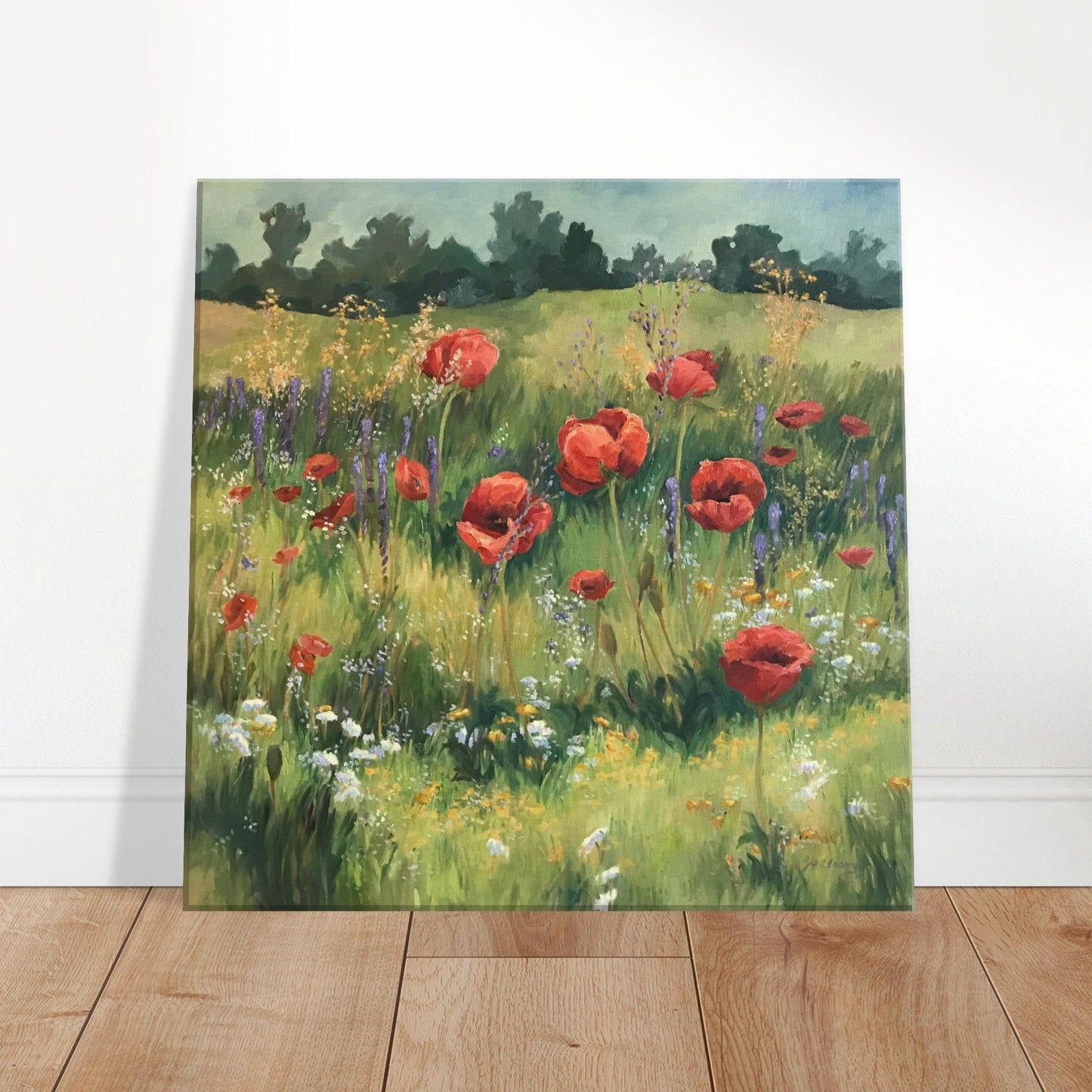 'Field of Red Poppies' Floral I 16x16 inch Art Print on Canvas I Original Artwork by American Artist Barbara Cleary