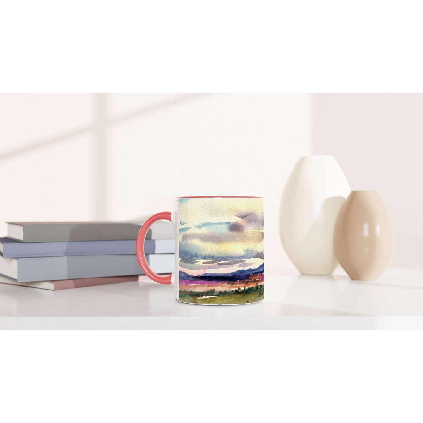 Copy of 11oz White Ceramic Mug with Color Inside | Coffee Cup with 'Tranquil Mountain View 1' Artwork by American Artist Barbara Cleary