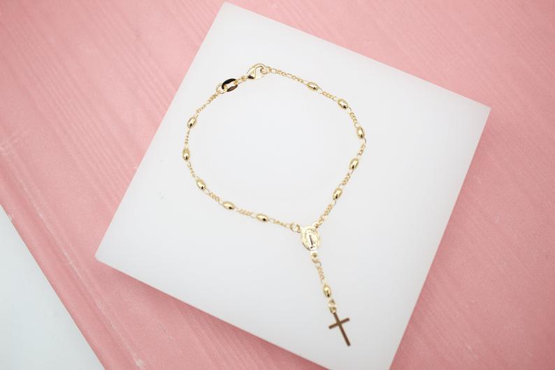 Gold Filled Cross and Virgin Mary Charm Bracelet (I52A)