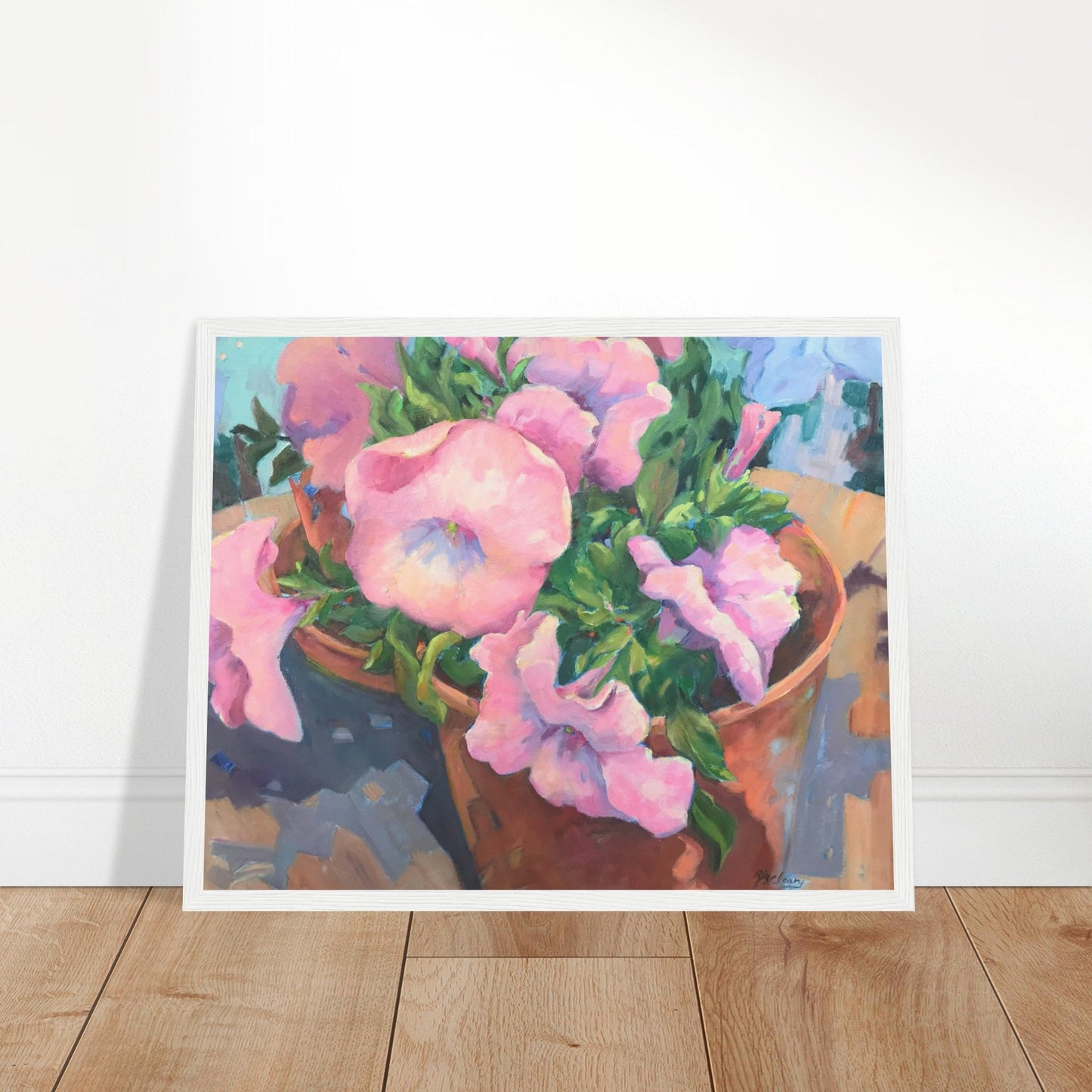'Pink Petals in Bloom'  Floral | 16x20 inch Wooden Framed Art Print | Original Artwork by American Artist Barbara Cleary