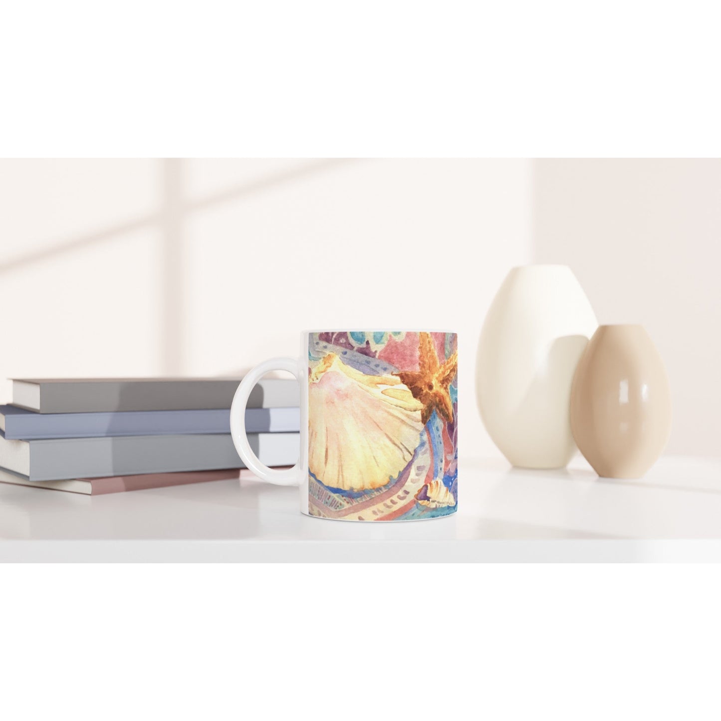 11oz White Ceramic Mug | Coffee Cup with 'Treasures of the Tide' Coastal Artwork by American Artist Barbara Cleary