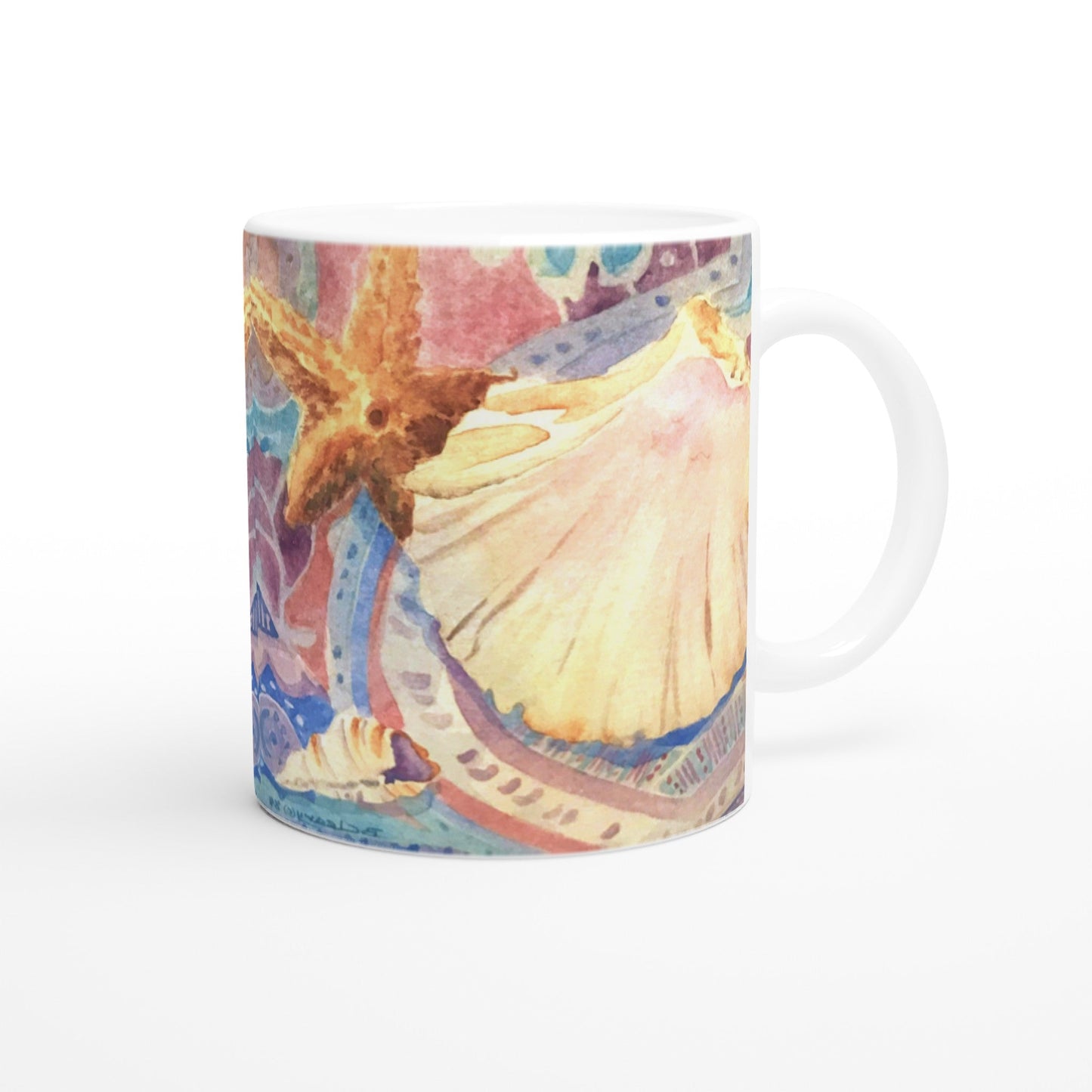 11oz White Ceramic Mug | Coffee Cup with 'Treasures of the Tide' Coastal Artwork by American Artist Barbara Cleary