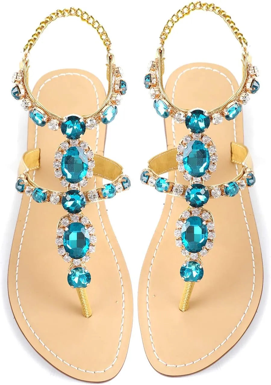 Women’s Rhinestone Gladiator Flat Sandals - Sparkly Crystal Bridal & Beach Wedding Sandals