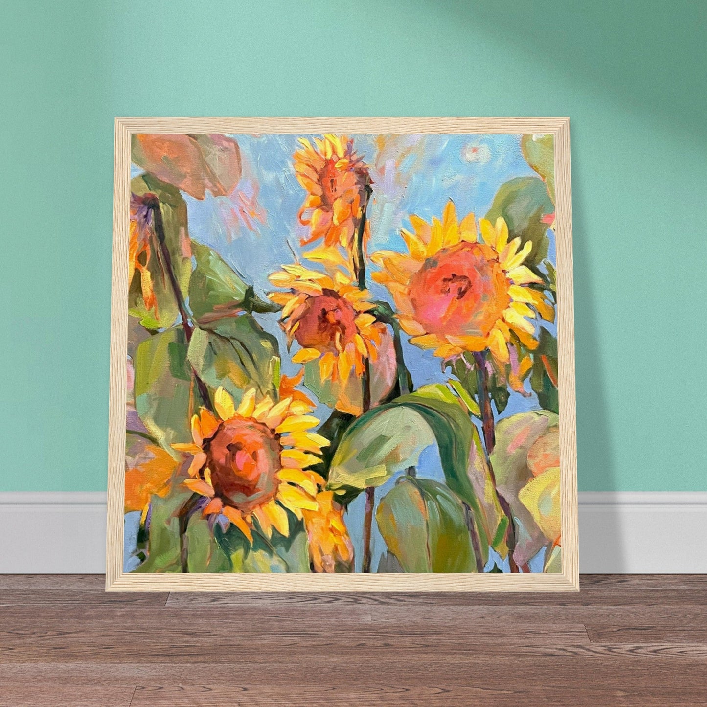 'Sunflowers’ Floral Oil Painting | 12x12 Wooden Framed Art Print | Original Artwork by American Artist Barbara Cleary