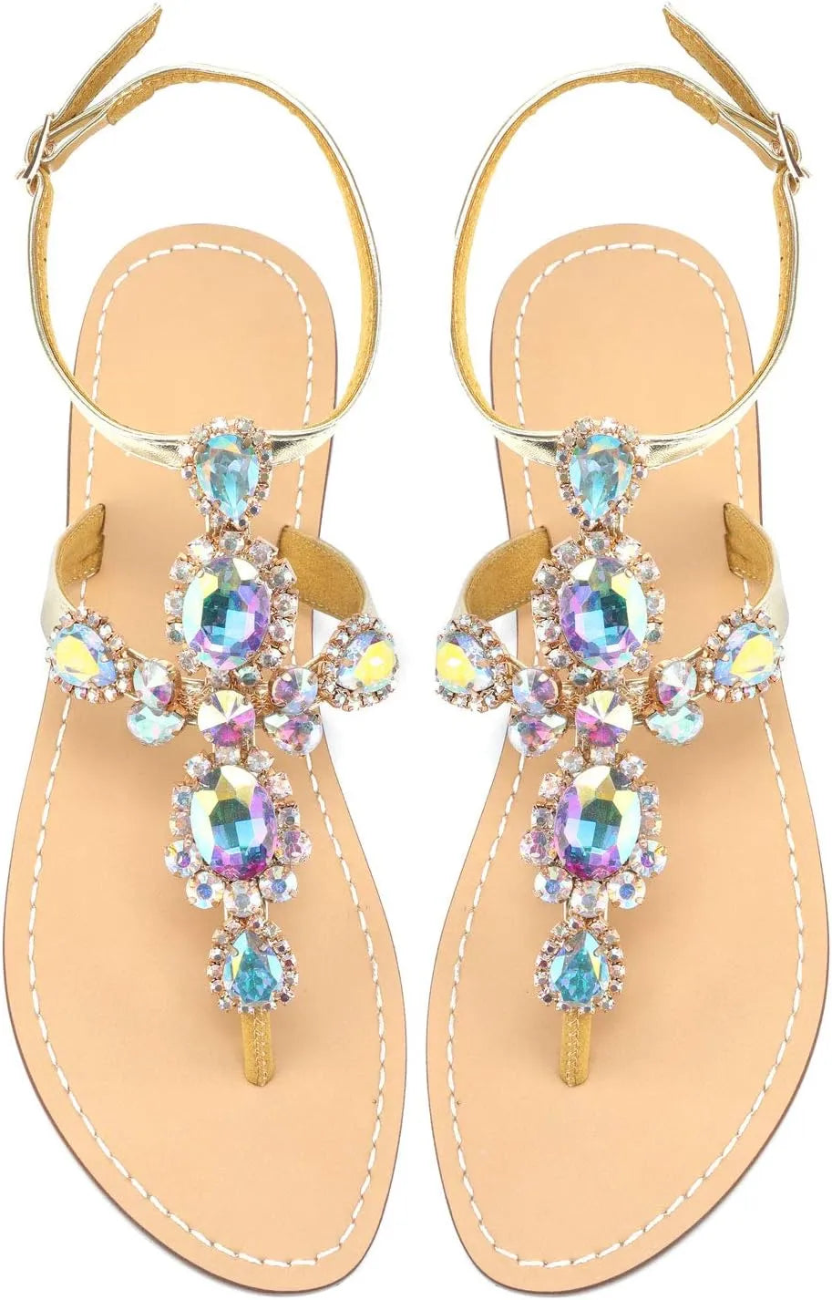 Women’s Rhinestone Gladiator Flat Sandals - Sparkly Crystal Bridal & Beach Wedding Sandals